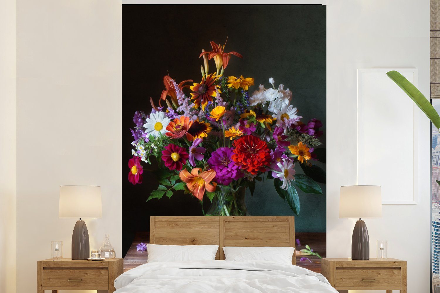 MuchoWow Fototapete Farben - Blumen - Stilleben, Matt, bedruckt, (3 St), Montagefertig Vinyl Tapete für Wohnzimmer, Wandtapete