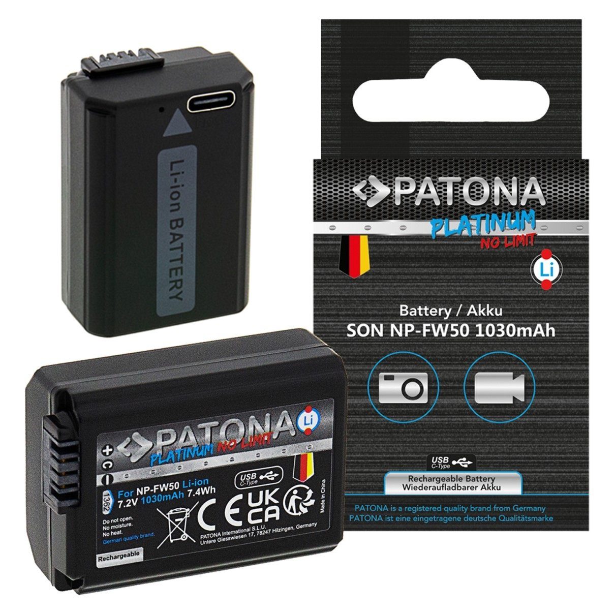 Patona 2x Akku für Sony NP-FW50 mit USB C Input Kamera-Akku Ersatzakku Akku 1030 mAh (7,2 V, 2 St), NEX.3 NEX.3C NEX.5 NEX.5A NEX.5C