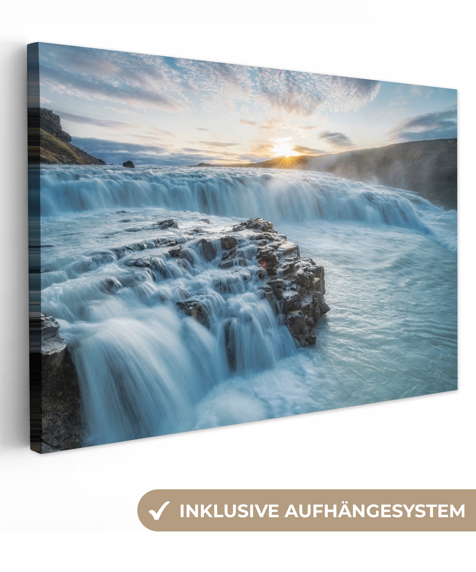 OneMillionCanvasses® Leinwandbild Wasserfall - Wasser - Steine - Sonne - Natur, Fotodruck (1 St), Leinwand Bilder Klein, Wand Dekoration Aesthetic 30x20 cm