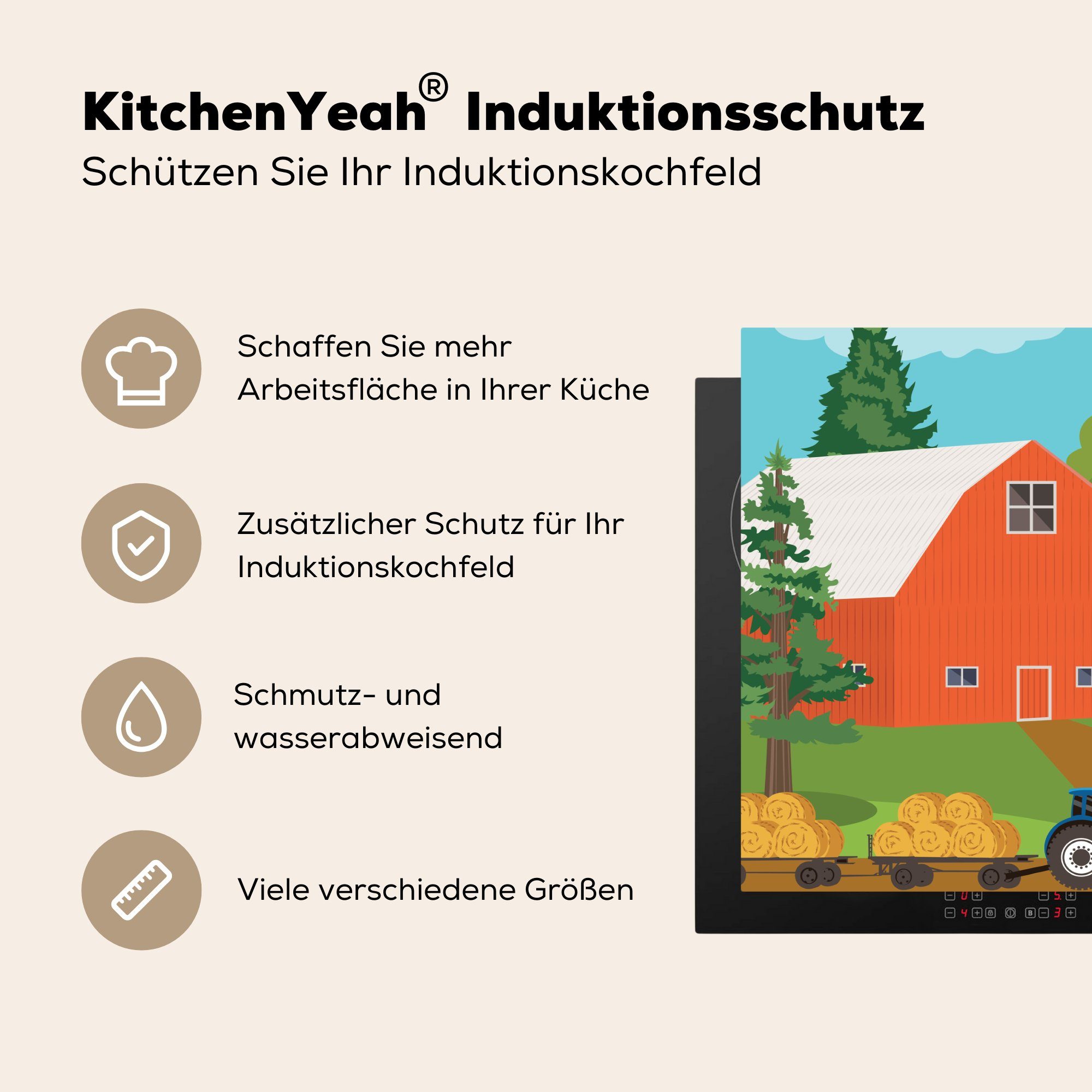 MuchoWow Herdblende-/Abdeckplatte Eine Illustration der cm, Wagen nutzbar, hinter auf Mobile 70x52 dem tlg), (1 dem Traktor, Heuballen Vinyl, Ceranfeldabdeckung Arbeitsfläche