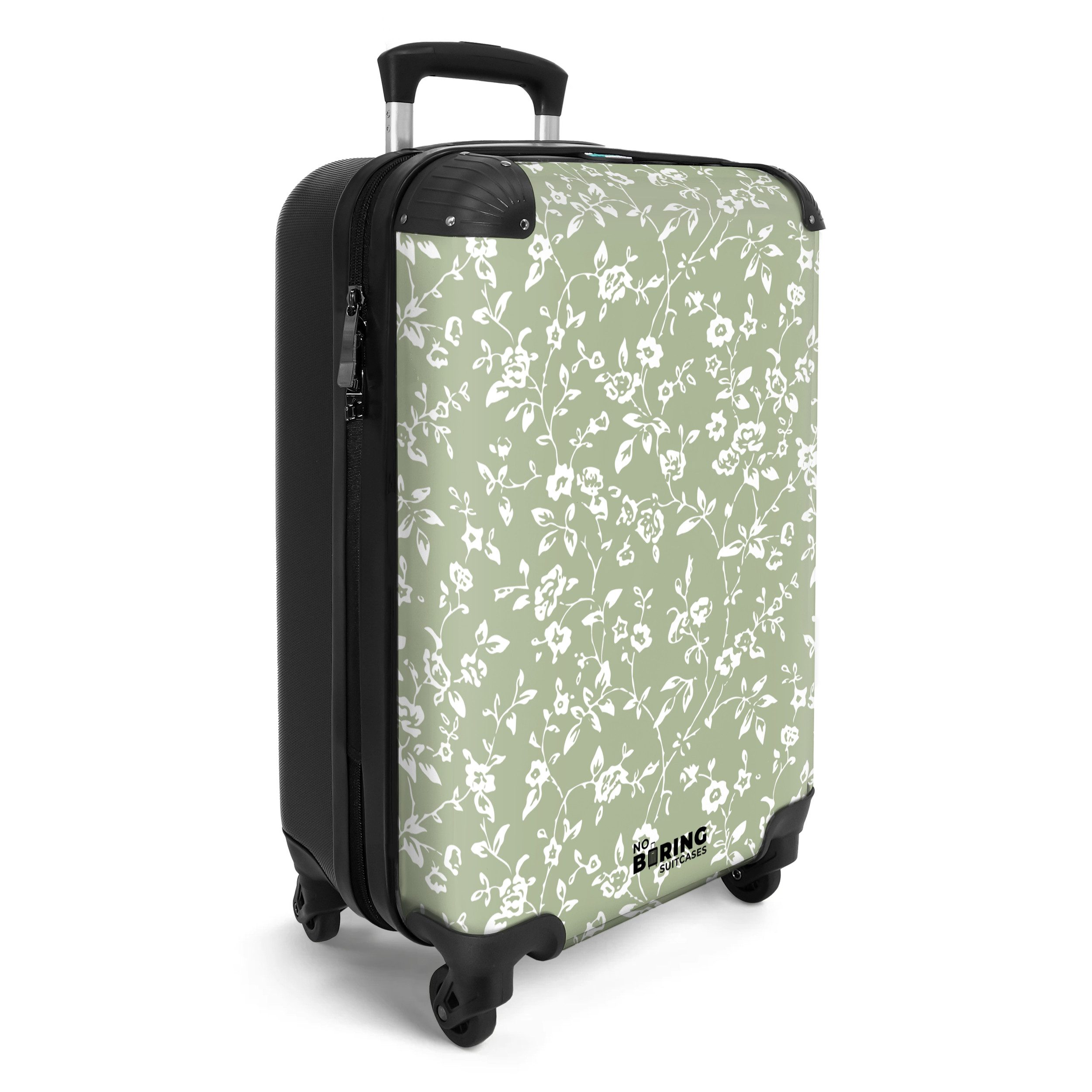 NoBoringSuitcases.com© Hartschalen-Trolley Hellgrün mit weißen Blüten günstig online kaufen