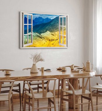 Sinus Art Leinwandbild Wandbild 120x80cm Fensterbild Berge Blau Orange Sonnenlicht Gebirge Na, (1 St)