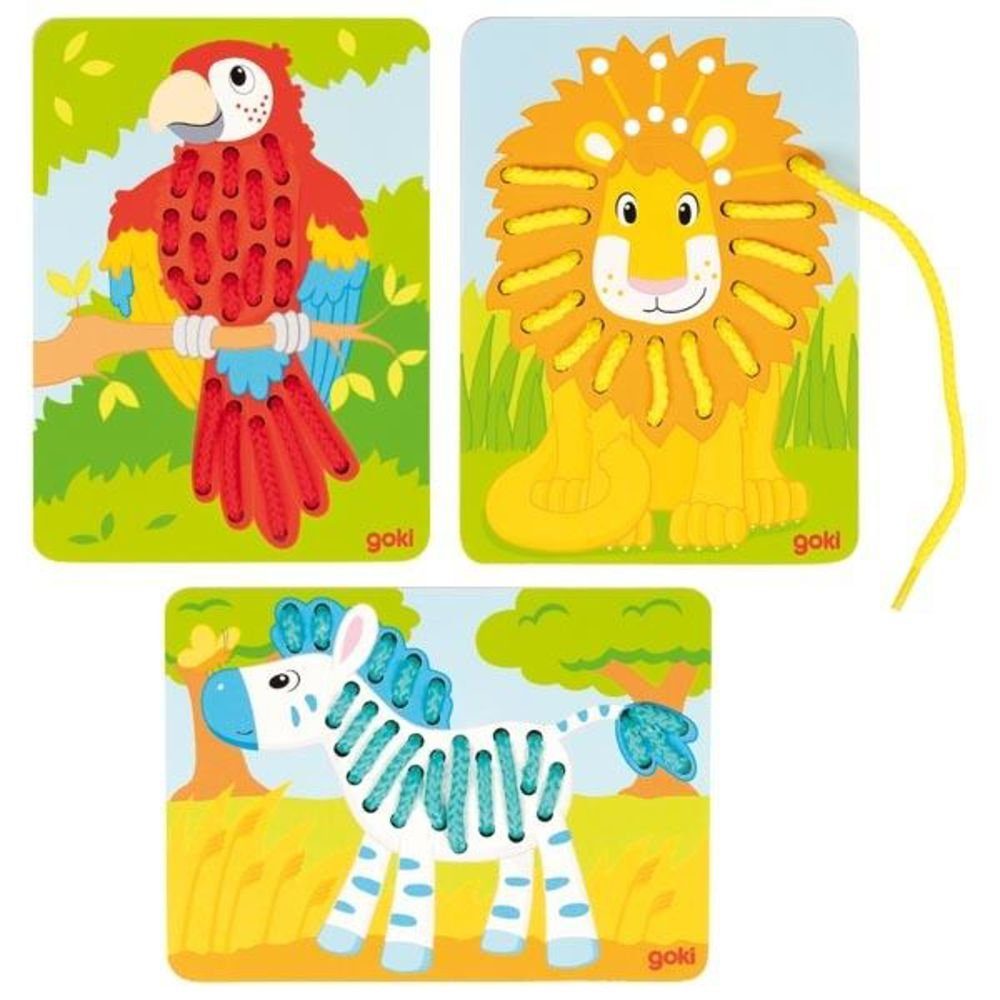 goki Spiel Fädelspiel Papagei Löwe Zebra, Kinderspiel, Holzplatten mit Schnüre, Tiere, Strickspiel