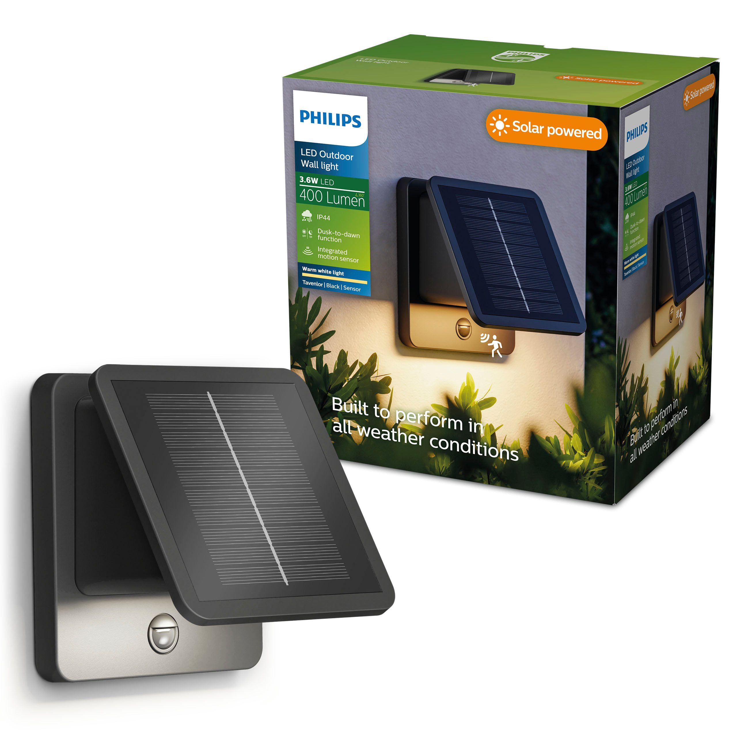 Philips LED Solarleuchte Tavenlor Solar-Außenwandleuchte, Dämmerungssensor, Schwarz, Abschaltautomatik, mehrere Helligkeitsstufen, LED fest integriert, Warmweiß, 2 Helligkeitsstufen, 400 lm, 2700 K Warmweiß, IP44, quadratisch