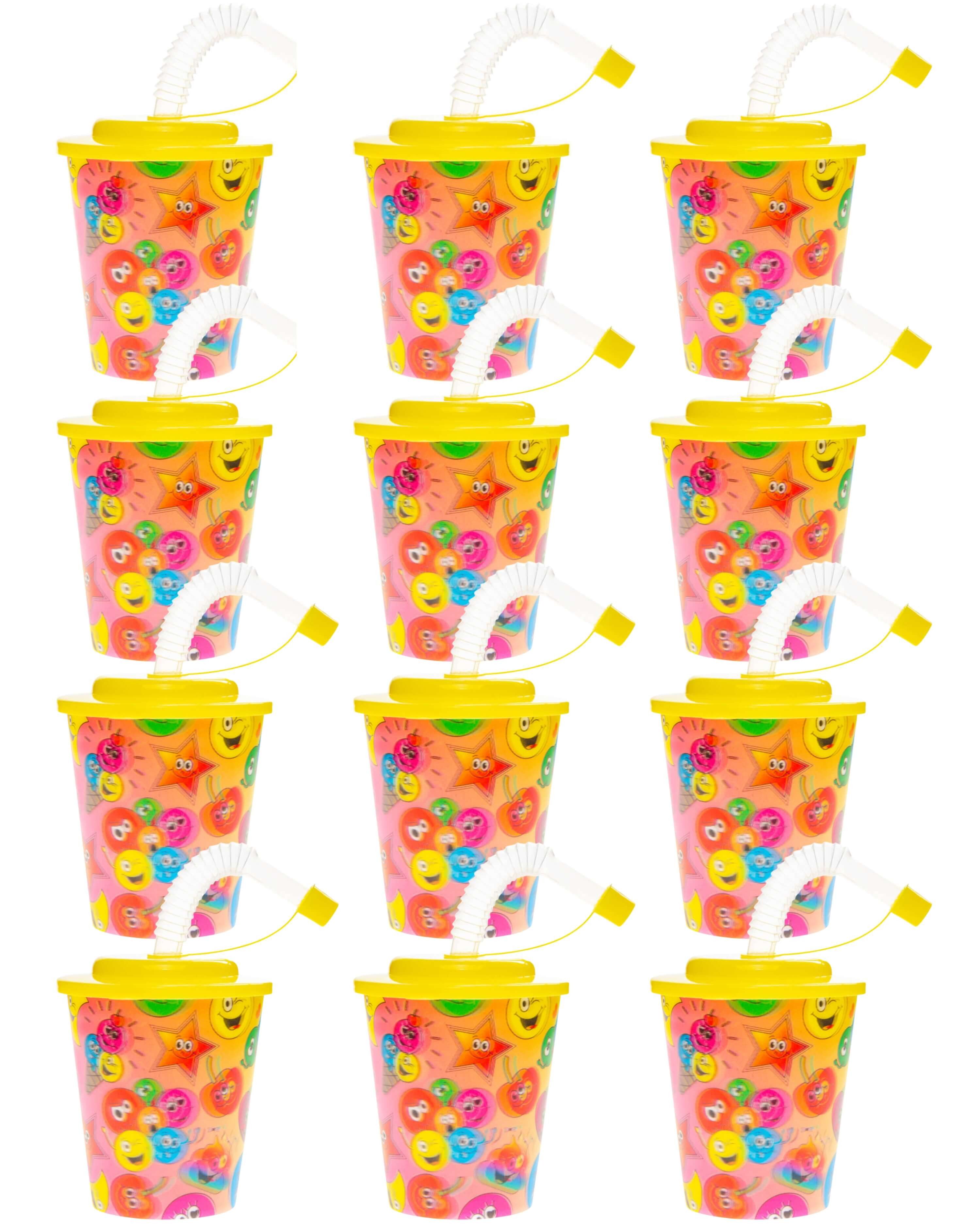 Kinderbecher Kinder Trinkbecher – 250 ml – 12 Stück – Mit Motiv, Deckel & Strohhalm