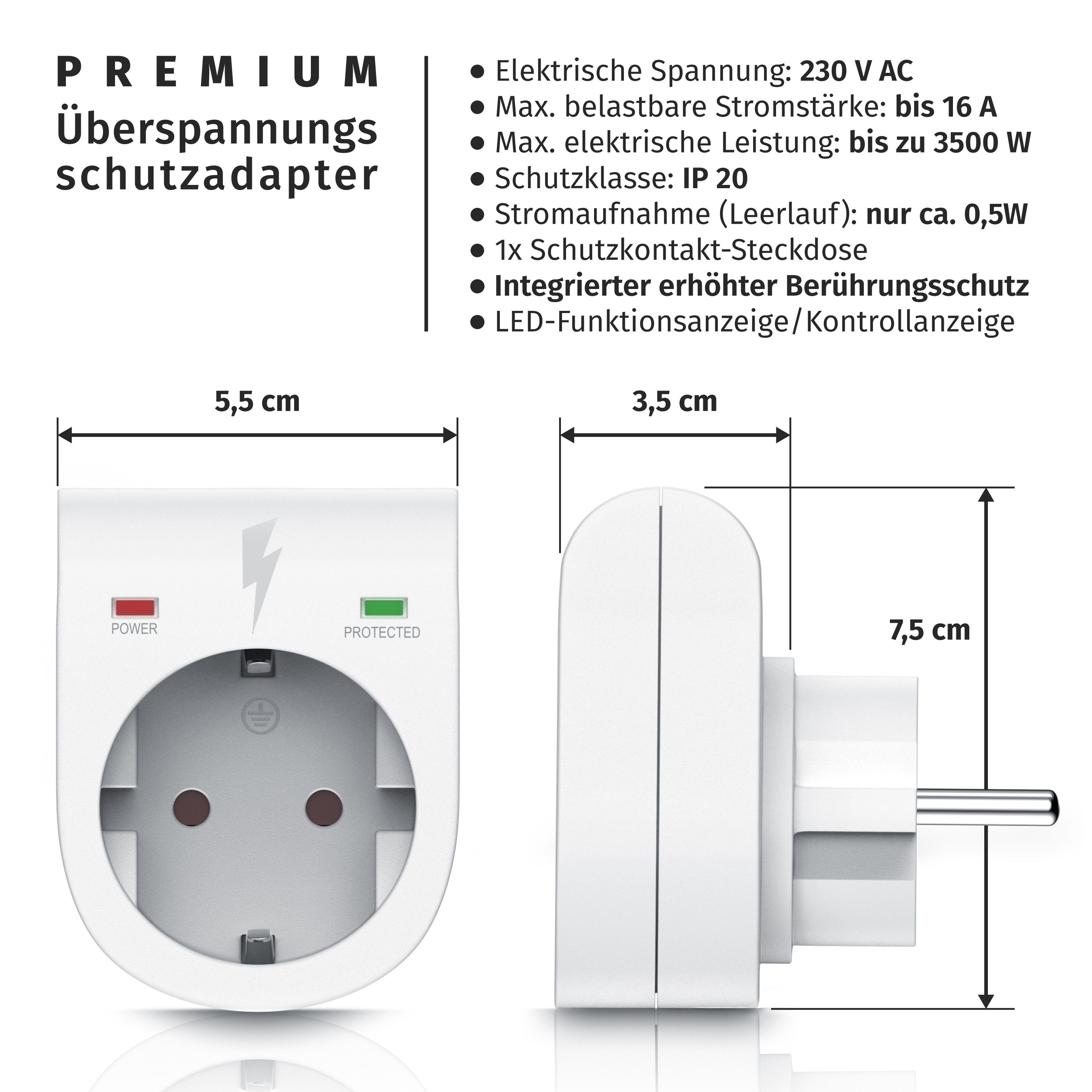Thumbnail - Arendo Steckdose, 4-St., Schuko Überspannungsschutzadapter, LED, Kindersicherung, 3500W