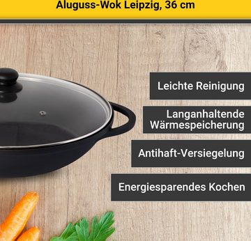 Krüger Wok Aluguss Wok mit Glasdeckel LEIPZIG, 36 cm, Aluminiumguss (1-tlg), hochwertige Antihaft-Versiegelung