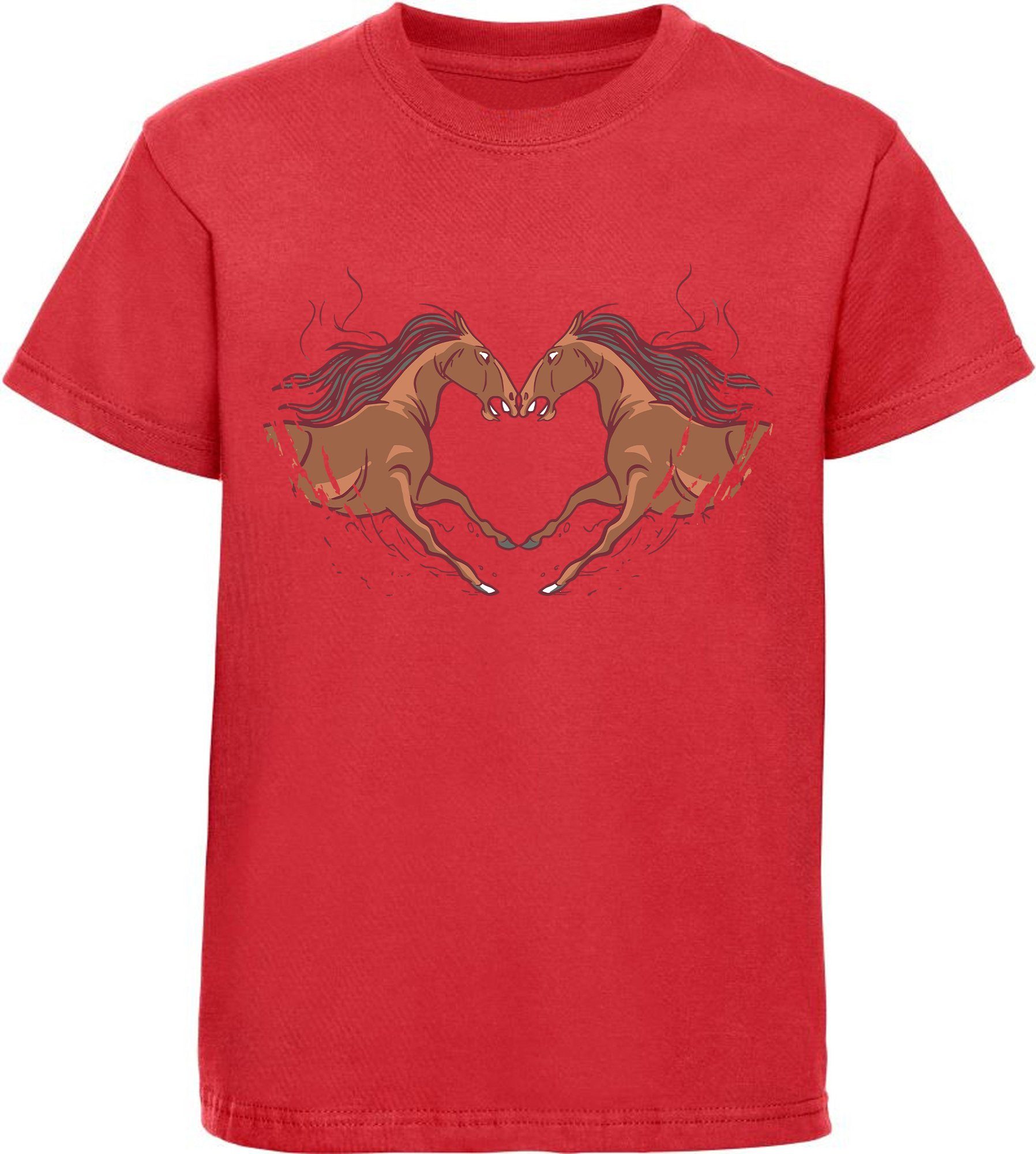 Heutige Neuankömmlinge MyDesign24 Print-Shirt bedrucktes Mädchen T-Shirt zwei rot, Pferde mit die Baumwollshirt schwarz, ergeben Aufdruck, Herz ein weiß, i134 rosa