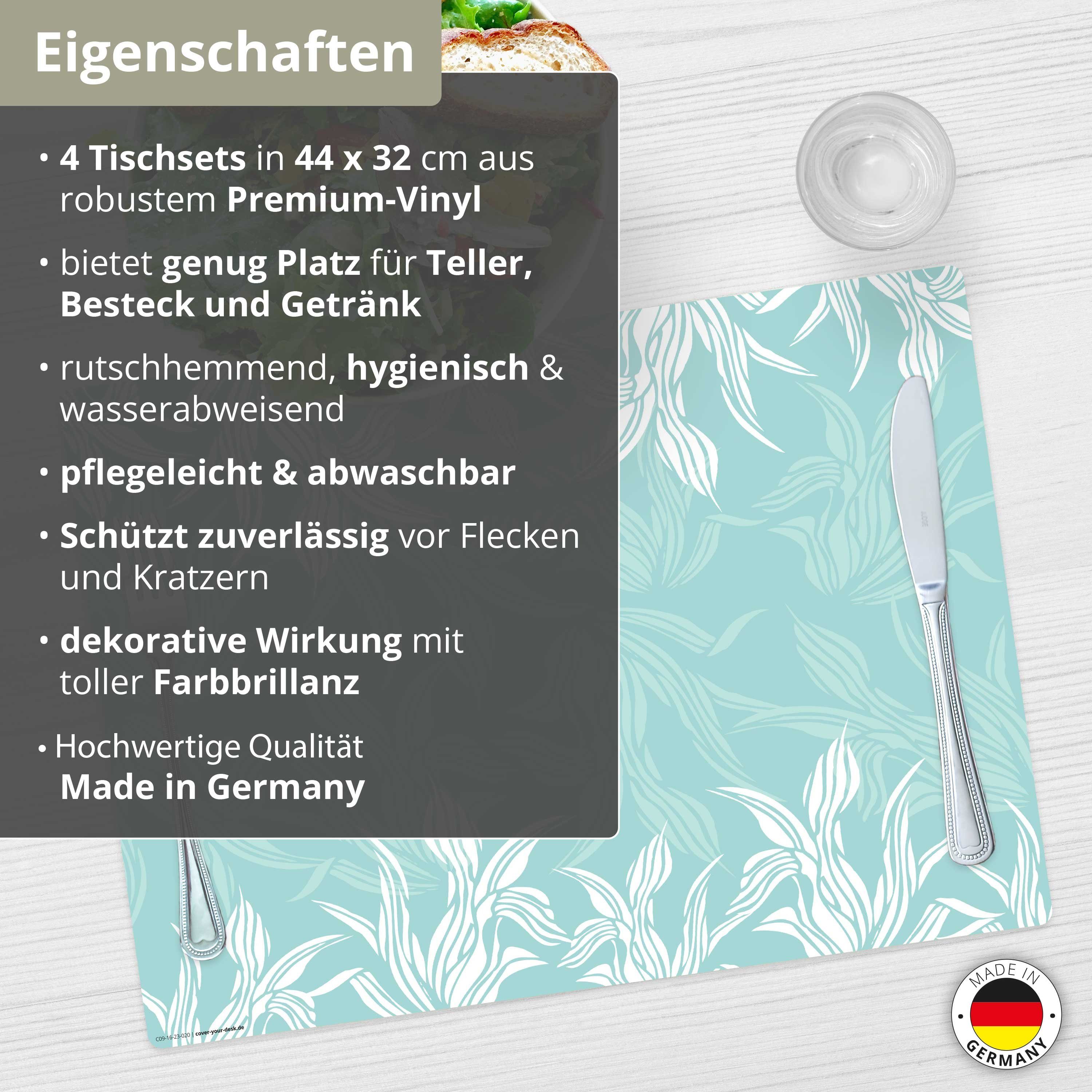 Tischsetmacher Platzset Tischset, Platzset abwaschbar - Florales Muster in Mint, (aus erstklassigem Vinyl, 4-St., 44x 32 cm / türkis), Made in Germany
