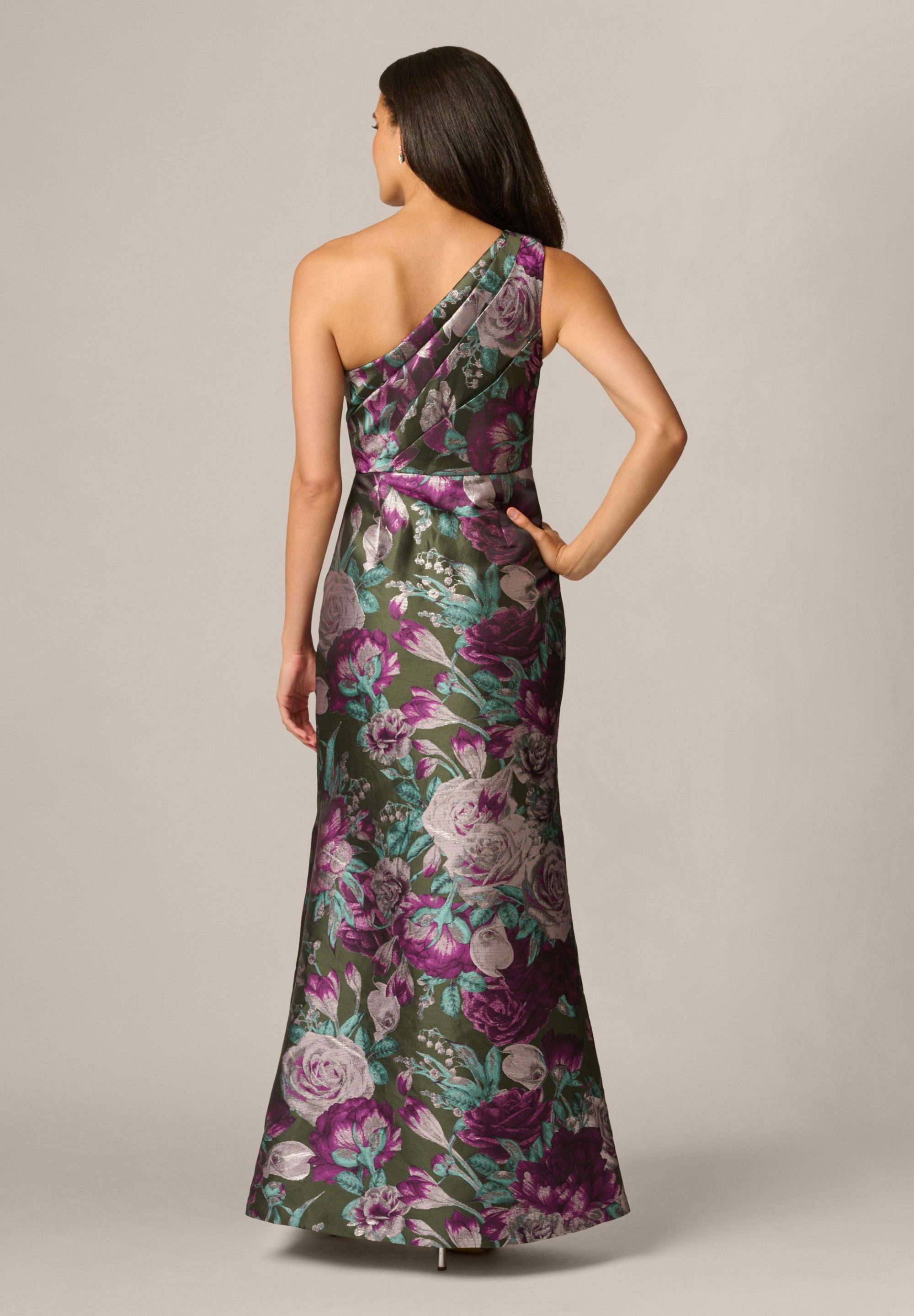 Adrianna Papell Abendkleid One Shoulder Jacquard Gown Elegantes, glamouröses Metallic-Jacquard-Kleid – Bild 4 von 5