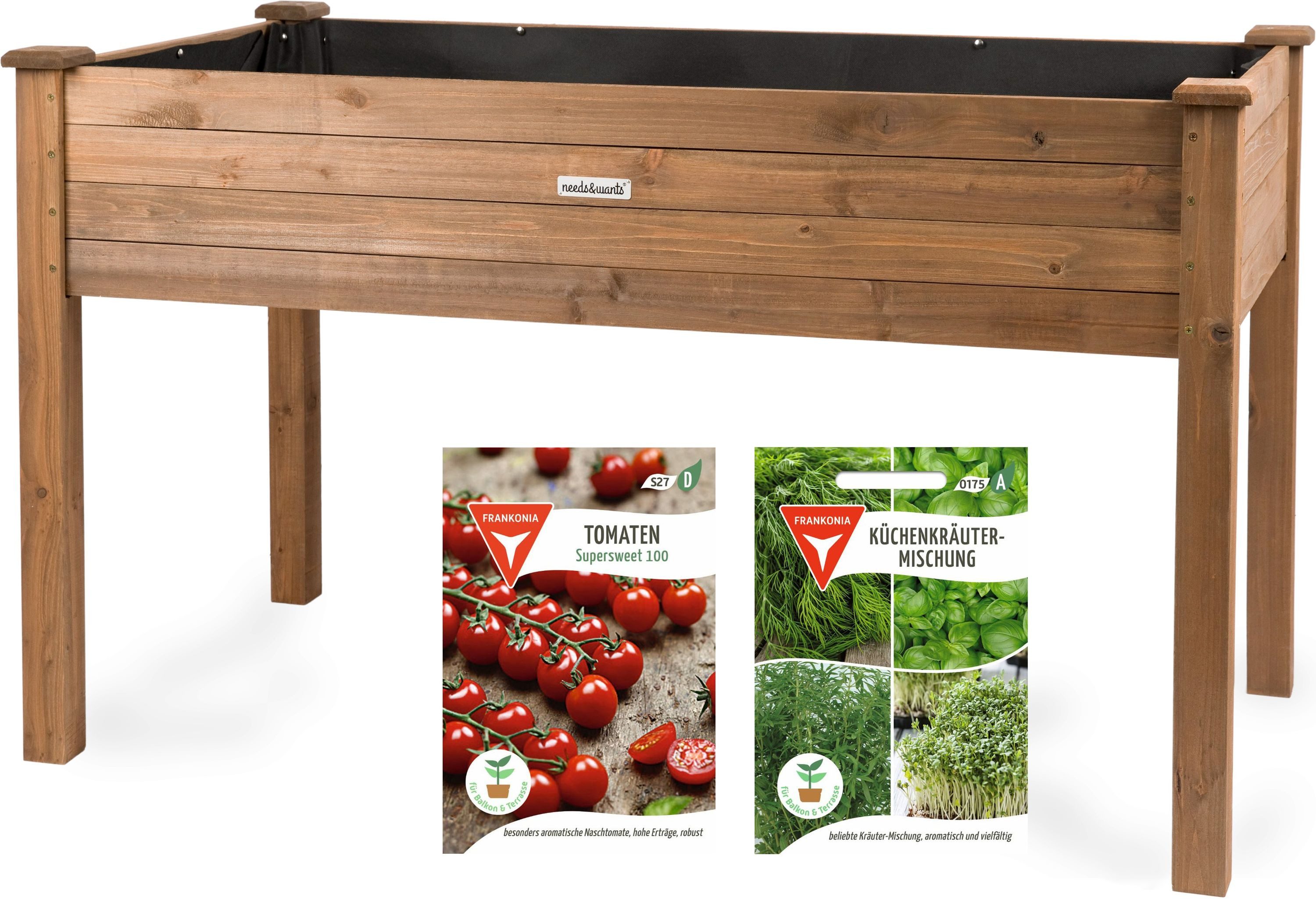 needs&wants® Hochbeet aus Holz für Garten Balkon Terrasse groß, Pflanzkasten Kräuterbeet XL, Bausatz rechteckig schmal mit Vlies-Folie Pflanzenkasten deko, dunkel