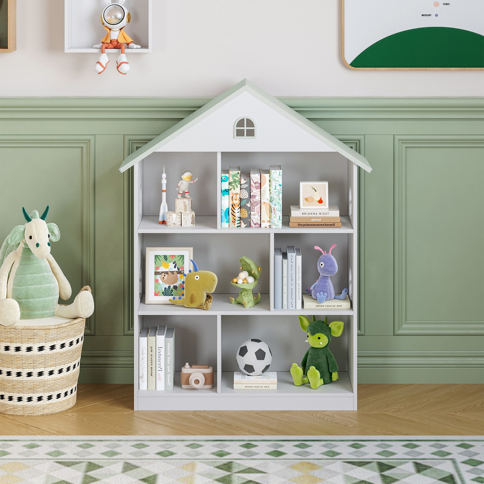 en.casa Kinderregal, »Vipsali« in Hausform 107 x 83 x 30 cm Weiß/Mintgrün
