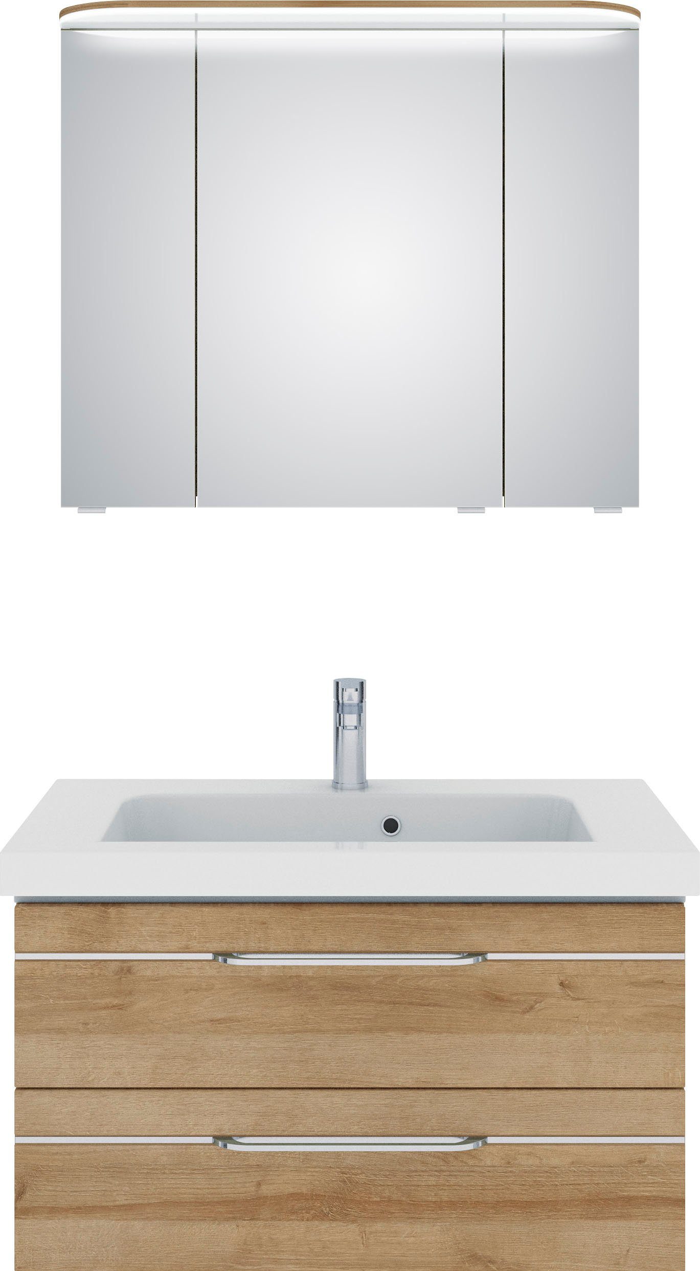 Saphir Badmöbel-Set Balto Sprint 2-teilig, Mineralmarmor-Waschtisch mit LED-Spiegelschrank, (2-St), Badezimmer Set 92 cm breit, inkl. Türdämpfer, 3 Türen, 2 Schubladen