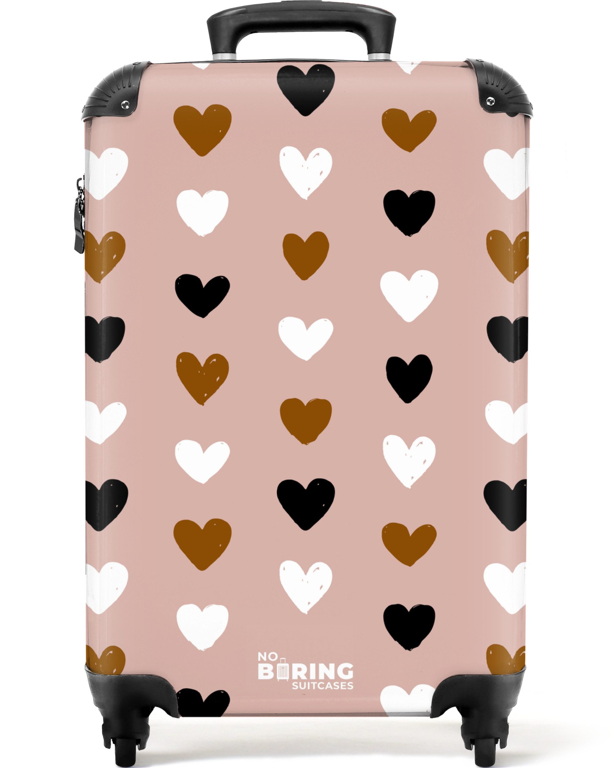 NoBoringSuitcases.com© Kinderkoffer Schwarzes, weißes und braunes Herzmuster auf altrosa Hintergrund 55x35, 4 Rollen, Handgepäck-Koffer, Kinderkoffer, Reisekoffer Mädchen