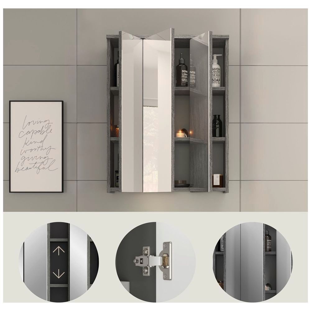 Lomadox Spiegelschrank BREST-158 Badschrank Stauraum verspiegelt 3 türig grau weiß 60 cm breit
