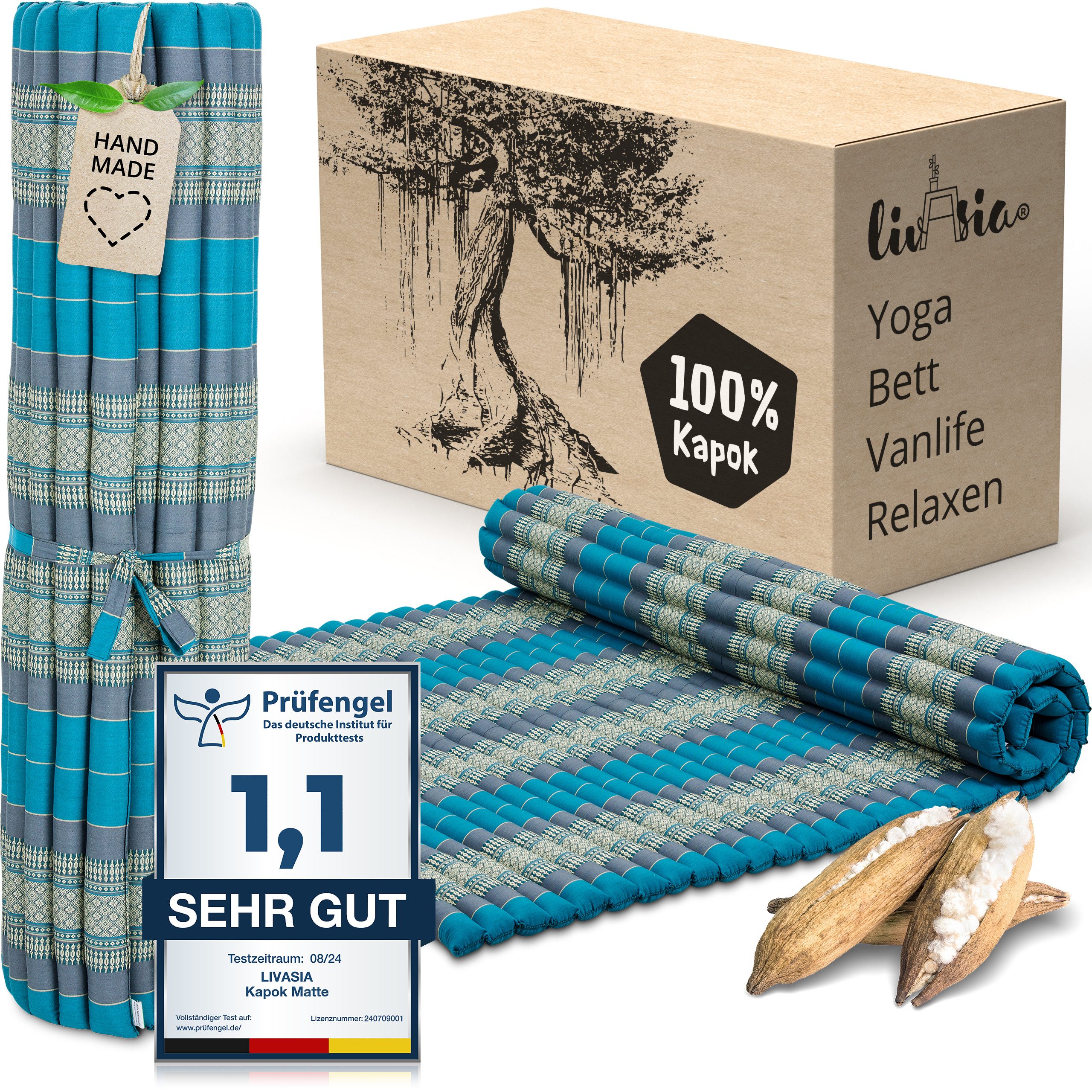 Reisebett-Matratzen Rollmatte 145 cm breit, vegan und handgefertigt, 200x145x4,5cm, livasia, 4.5 cm hoch, Kapok