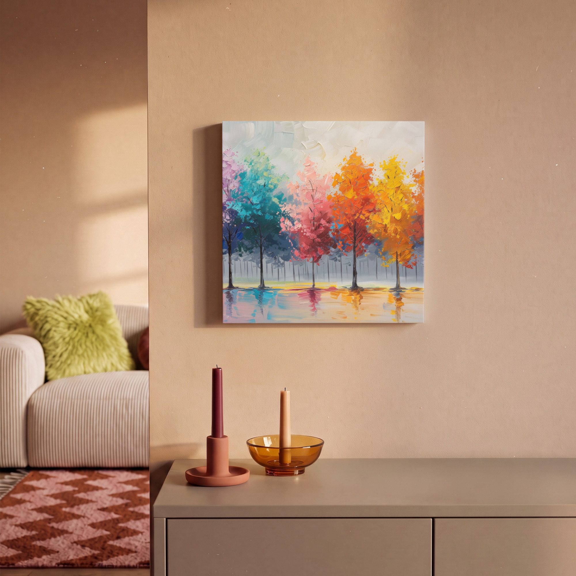 OneMillionCanvasses® Leinwandbild Bäume - Farbenfroh - Natur - Abstrakt, Fotodruck (1 St), Wandbild, Deko Schlafzimmer Wohnzimmer Flur 20x20 cm – Bild 2 von 5