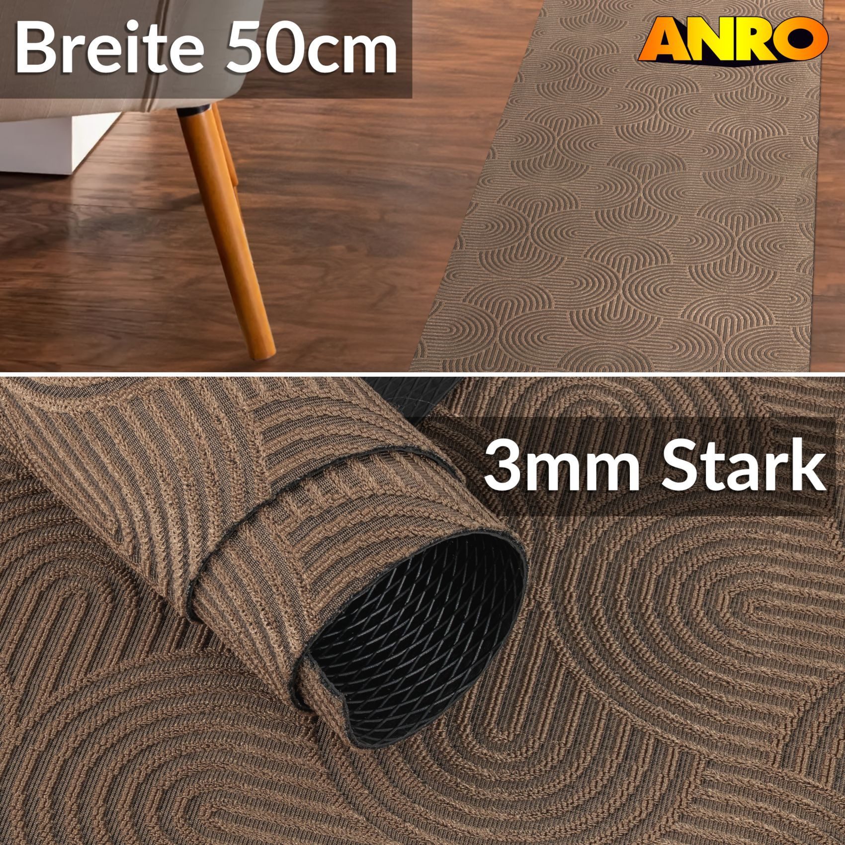 ANRO Läufer Velora Teppichläufer hochwertig Küchenteppich, Rechteckig, Höhe: 3 mm, Küchen- Flurläufer 100cm Bauhaus Braun pflegeleicht