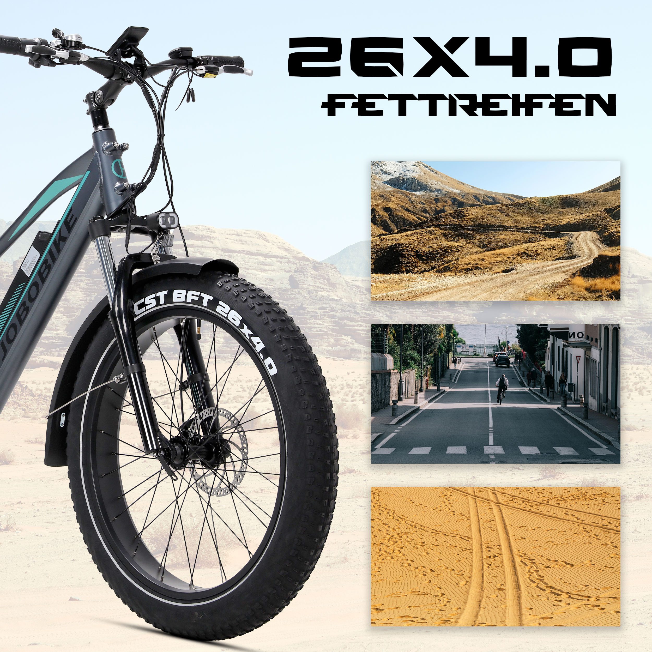 JOBOBIKE E-Bike Mountainbike 20x4,0 Zoll, 150km, Fully, Vollfederung, für Stadt, Berg und Gelände, 7 Gang Shimano, Kettenschaltung, Heckmotor, 624 Wh, Elektrofahrrad mit mechanischen Scheibenbremsen, max. 150 kg