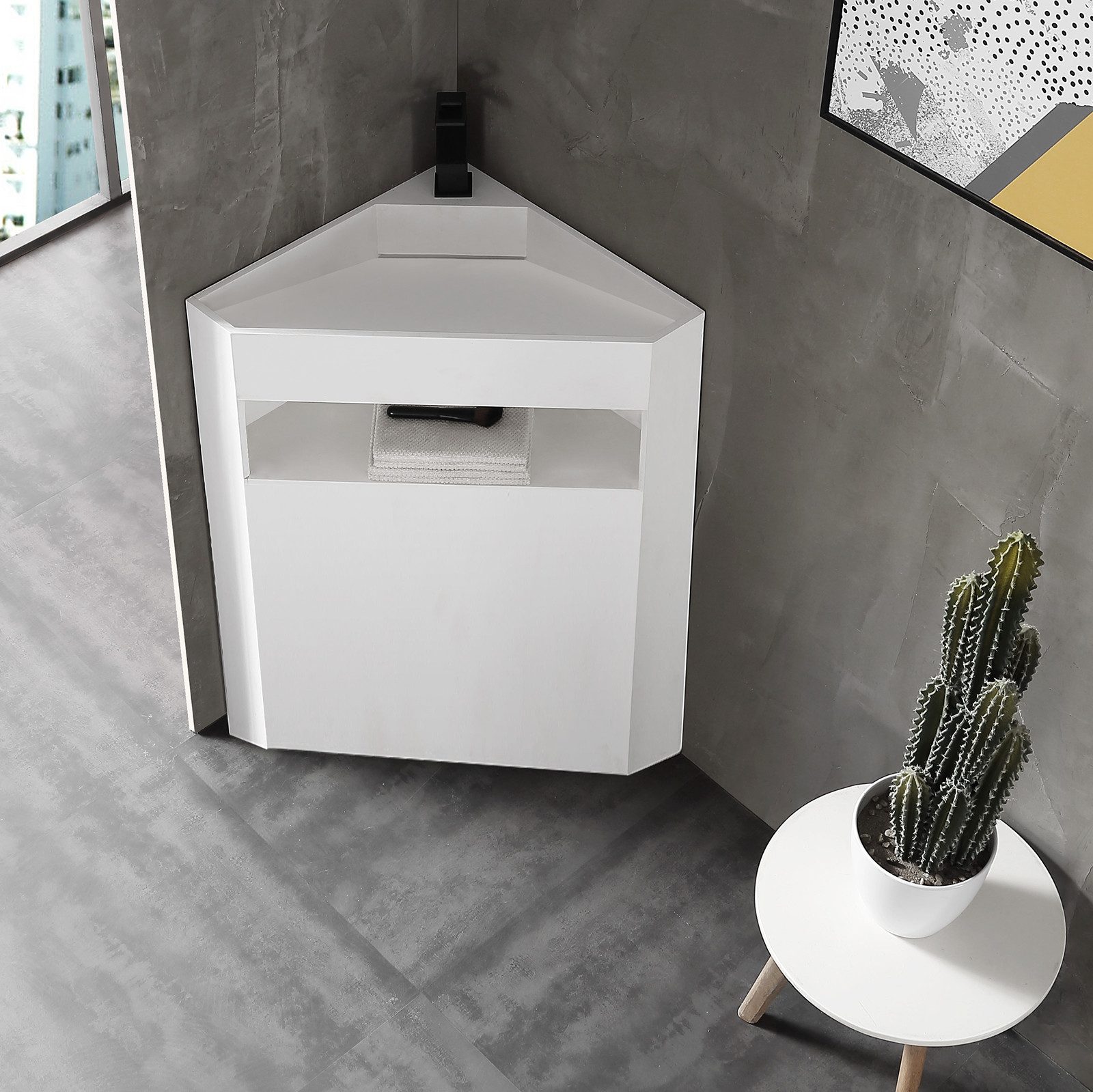 Bernstein Waschtisch TWZ70 50cm Weiß matt, Standwaschbecken Eckig Mineralguss mit Fach