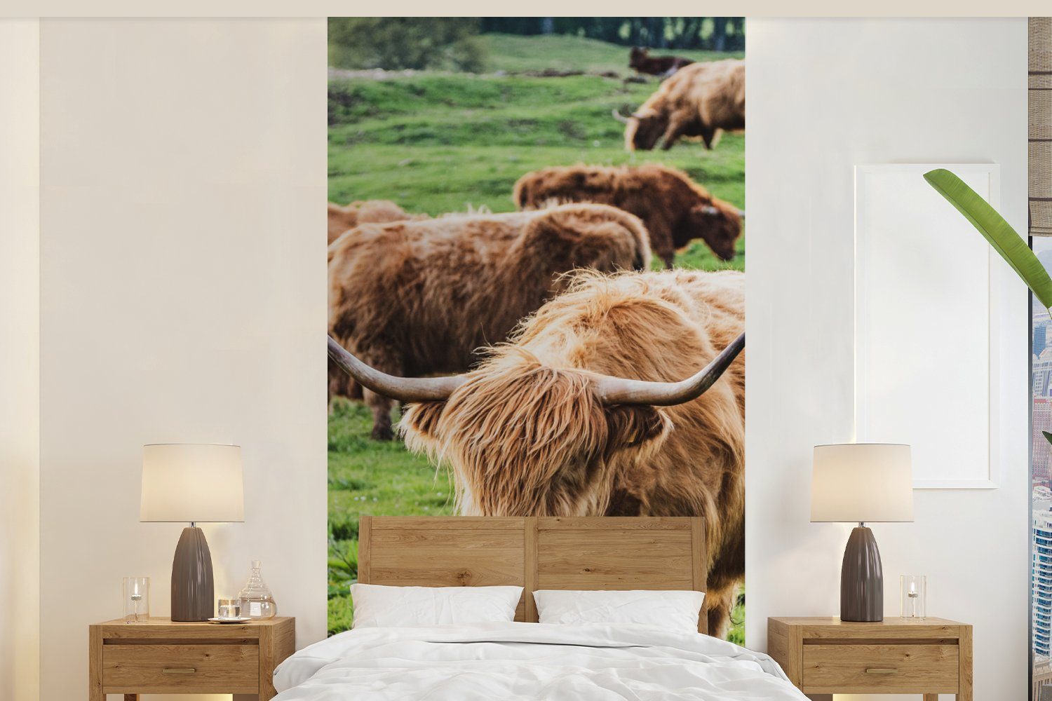 MuchoWow Fototapete Schottische Highlander - Tiere - Gras, Matt, bedruckt, (2 St), Vliestapete für Wohnzimmer Schlafzimmer Küche, Fototapete