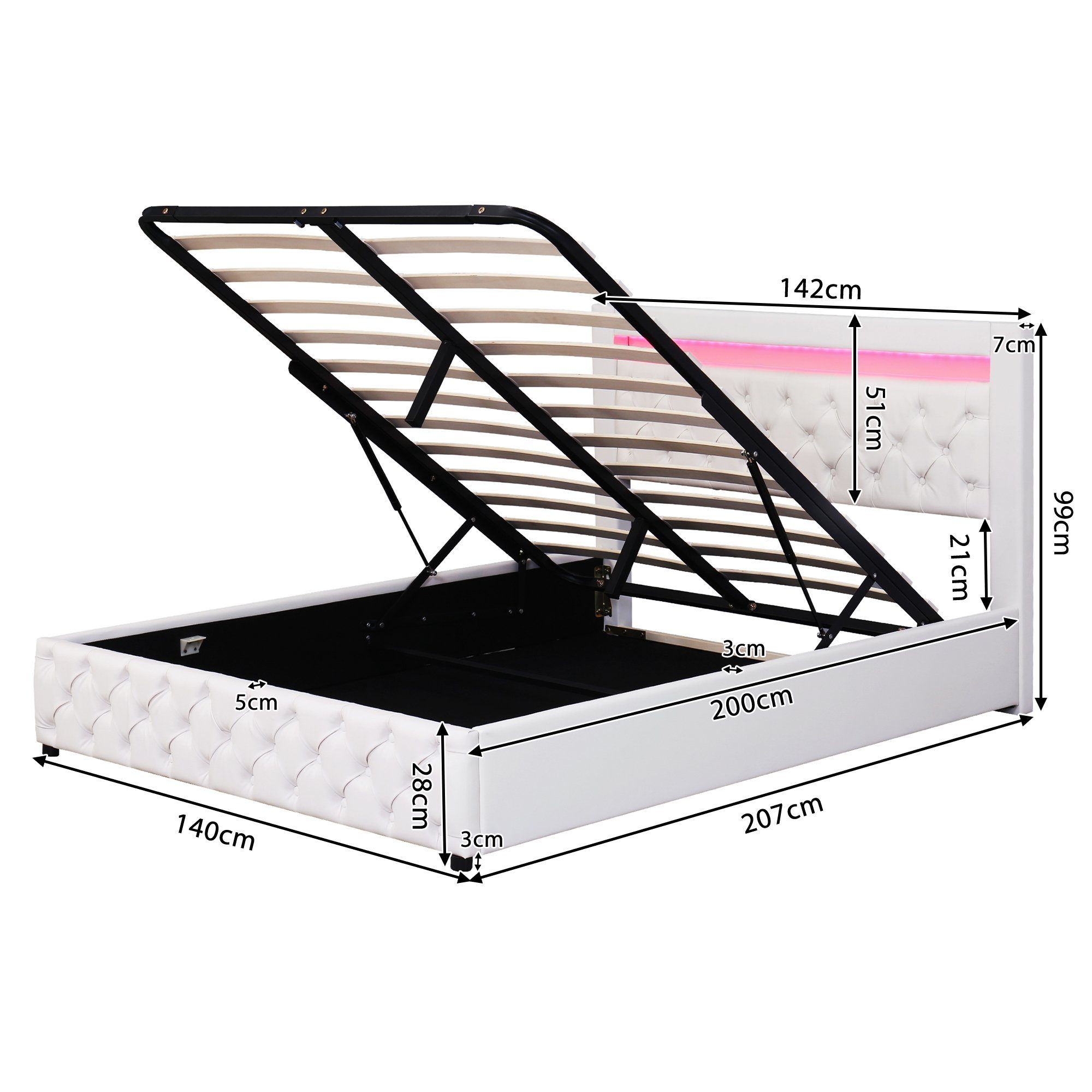Boxspringbett (Hydraulisches Bett 140x200cm mit Bettkasten), Polsterbett mit LED-Beleuchtung, Kunstleder, weiches Kopfteil