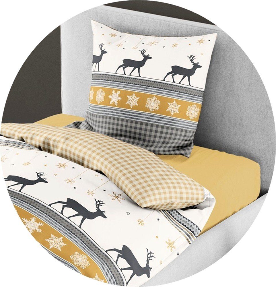 BIERBAUM Bettwäsche 135x200cm Hirsche Gold Creme, Biber, 2 teilig, Elegante günstig online kaufen