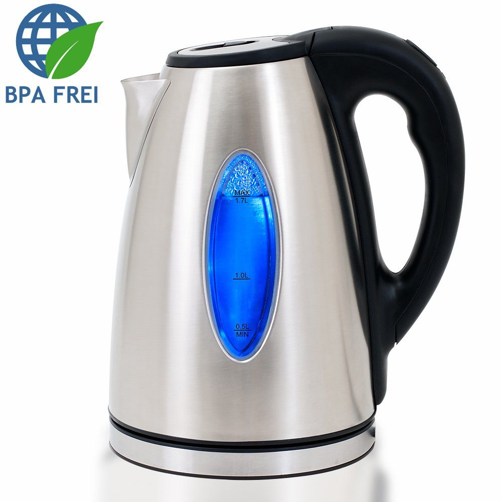 Kabellos LED Glas 2200 Überhitzungsschutz 1.7 l, BPA-Frei Deuba Wasserkocher, Edelstahl Schwarz Kalkfilter W,