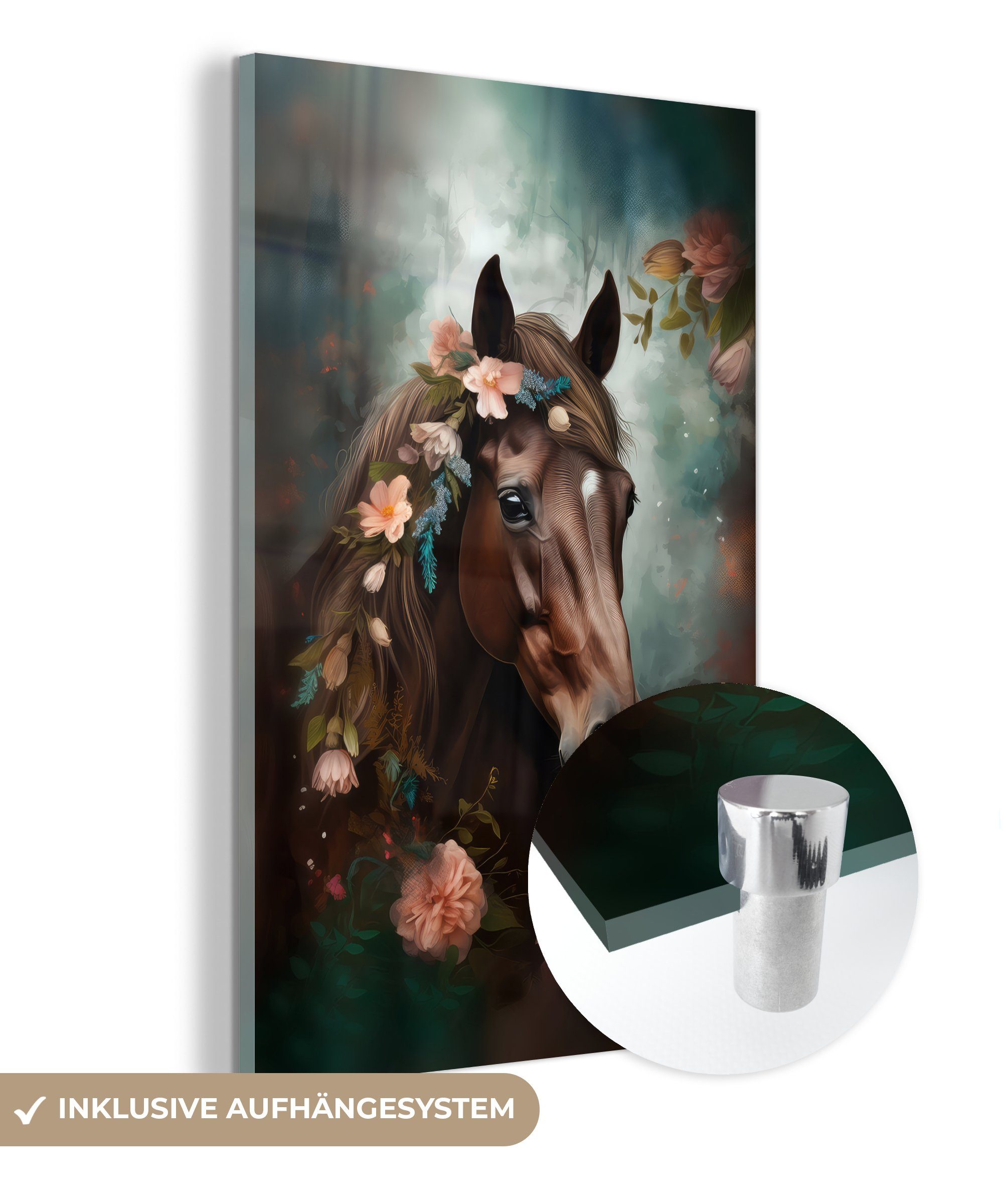 MuchoWow Acrylglasbild Pferd - Natur - Blumen - Tiere - Wald, (1 St), Glasbilder - Bilder auf Glas Wandbild - Foto auf Glas - Wanddekoration | Bilder