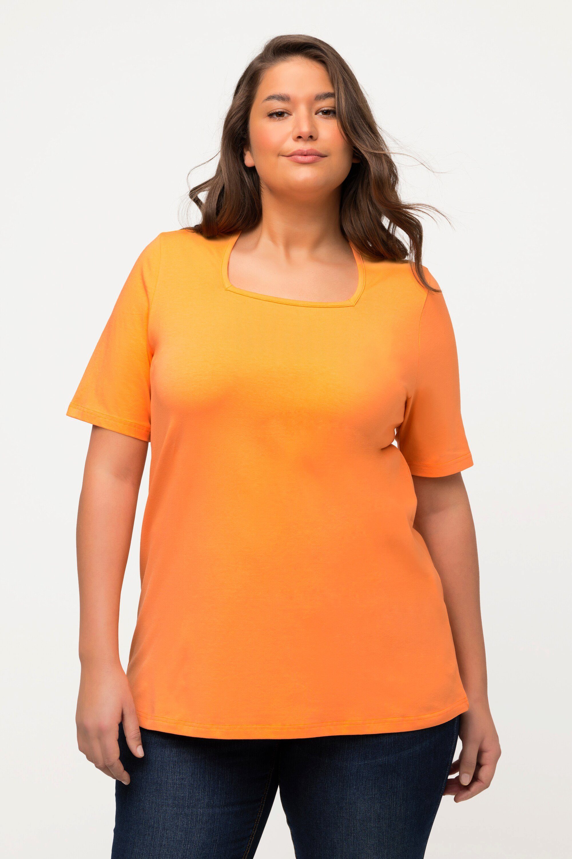 Ulla Popken Rundhalsshirt T-Shirt Halbarm Carree-Ausschnitt cantaloupe A-Linie orange