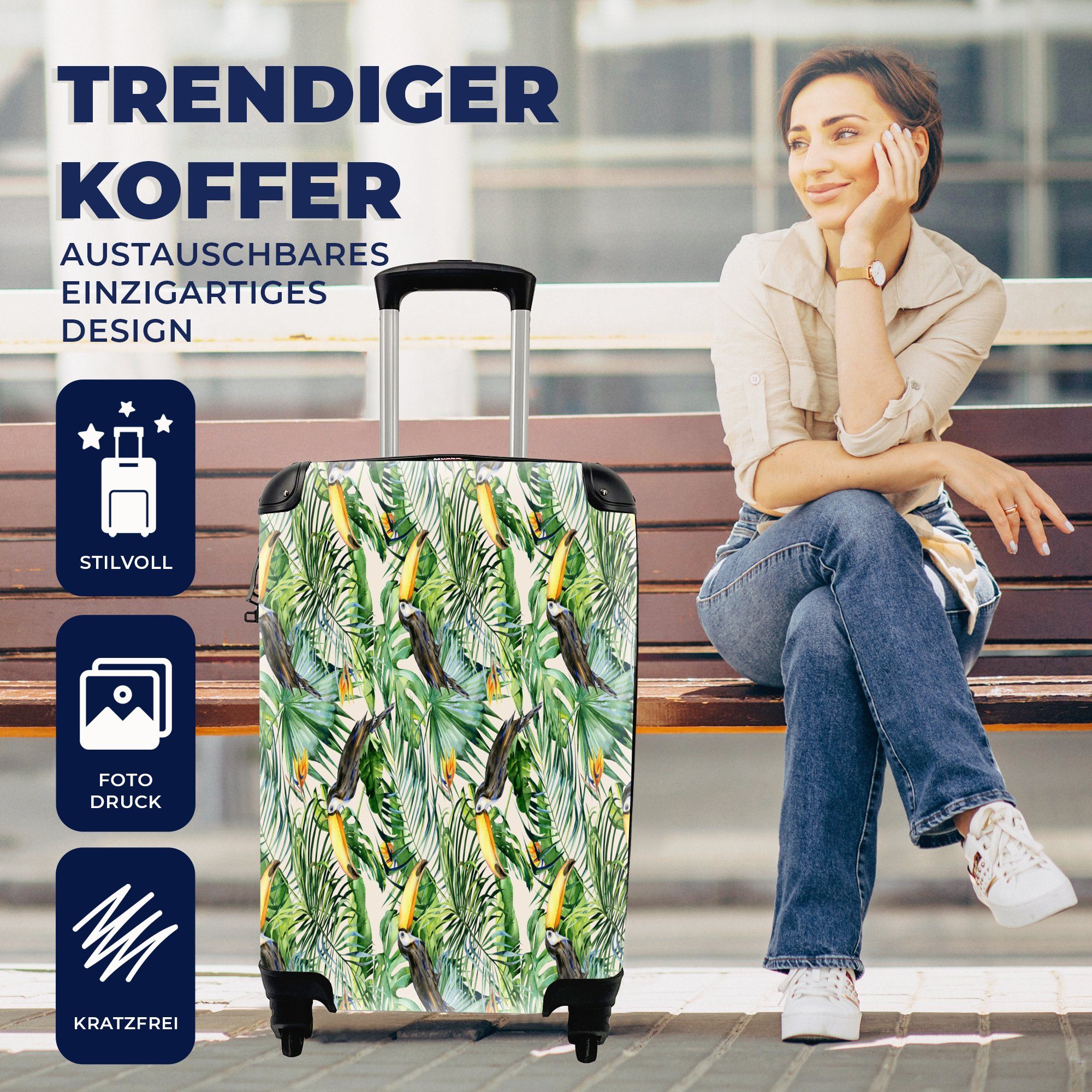 mit für Tukan Tropisch, Paradiesvogelpflanze Trolley, Rollen, - Handgepäck Handgepäckkoffer 4 Reisekoffer Ferien, Reisetasche - rollen, MuchoWow