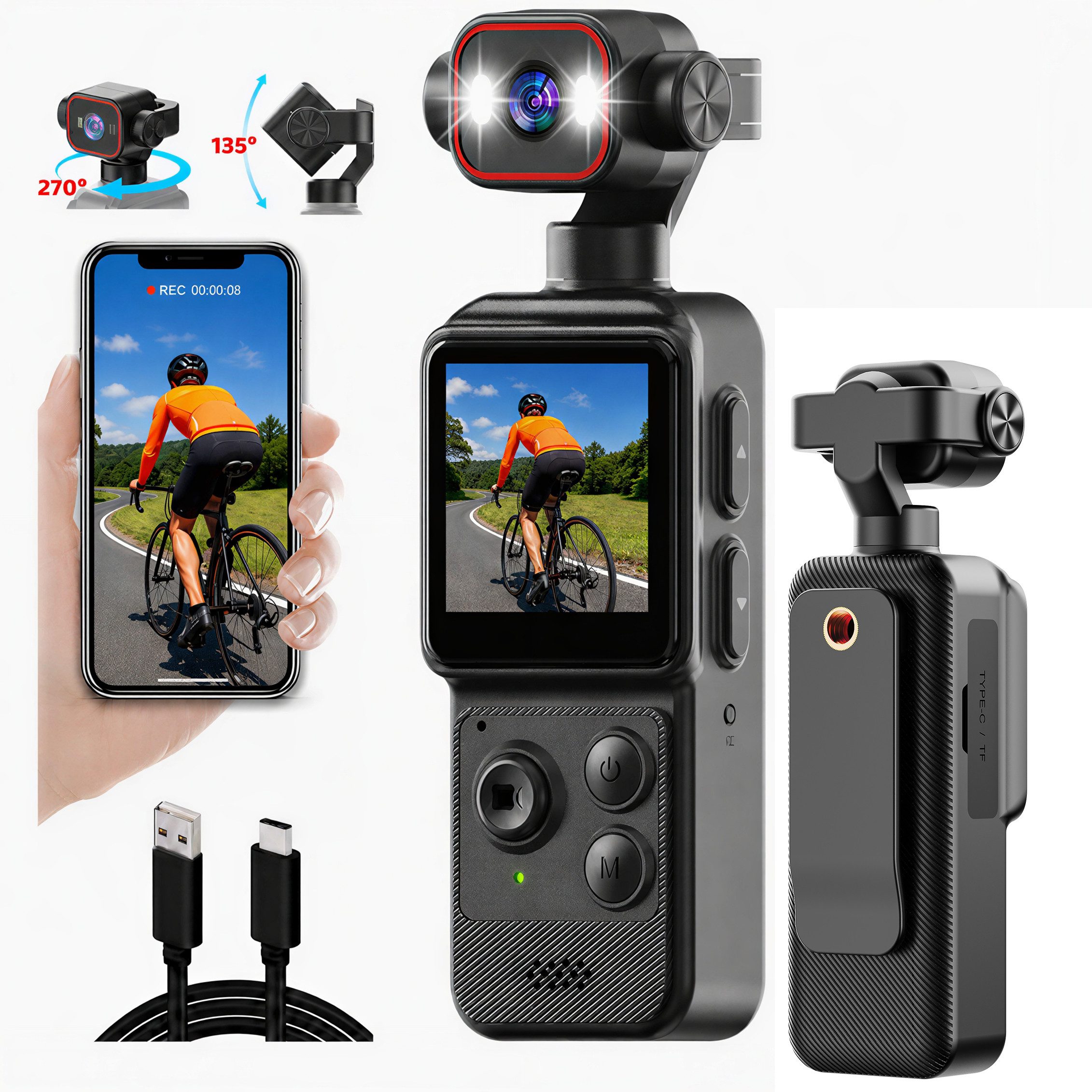 Luckice 4K Mini-Actionkamera mit Clip,1,54 Zoll Display, 140° Weitwinkel Action Cam (4K, 7x opt. Zoom, App-Steuerung, Bewegungserkennung, LED-Leuchten, 1200mAh, für Vlog & Reisen)