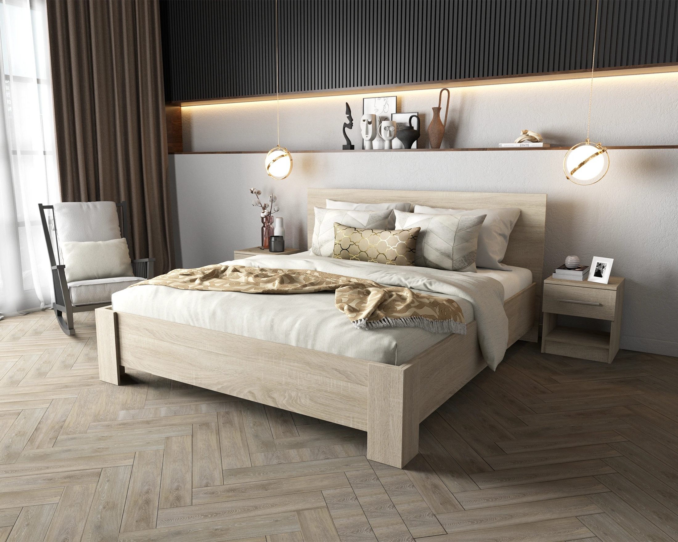 Deine Möbel 24 Bett SIMPLE 160x200 cm Weiß Eiche Sonoma (Set, 2-tlg., Set), Laminatplatte 16 cm