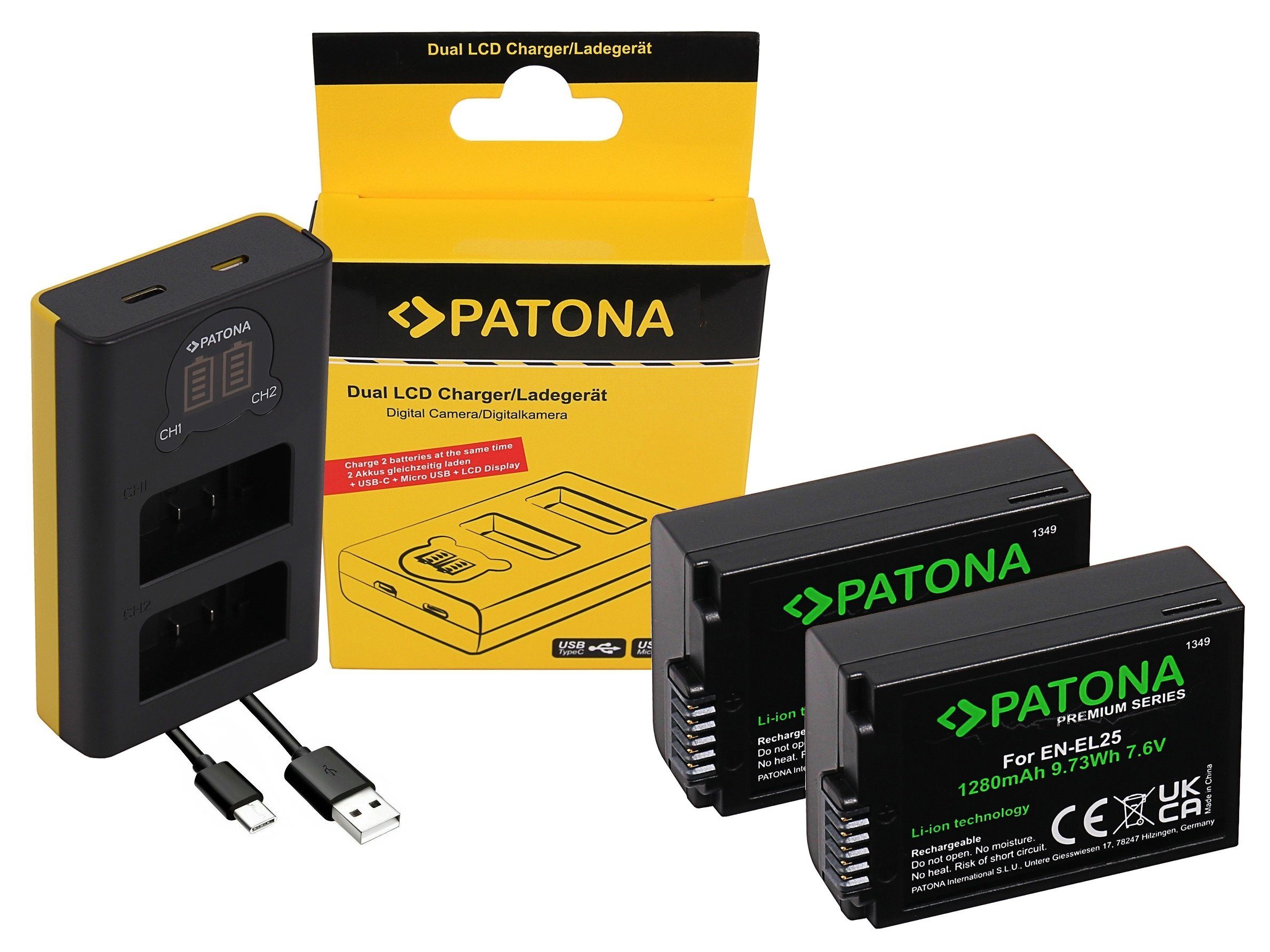 Patona 2 in1 Zubehör-Set, Kamera Akku für die Nikon Z 50 und Nikon Z fc Kamera-Akku EN-EL25 1280 mAh (7,6 V), Premium Dual Ladegerät mit USB-C Anschluss, Kamera Akku Ersatz