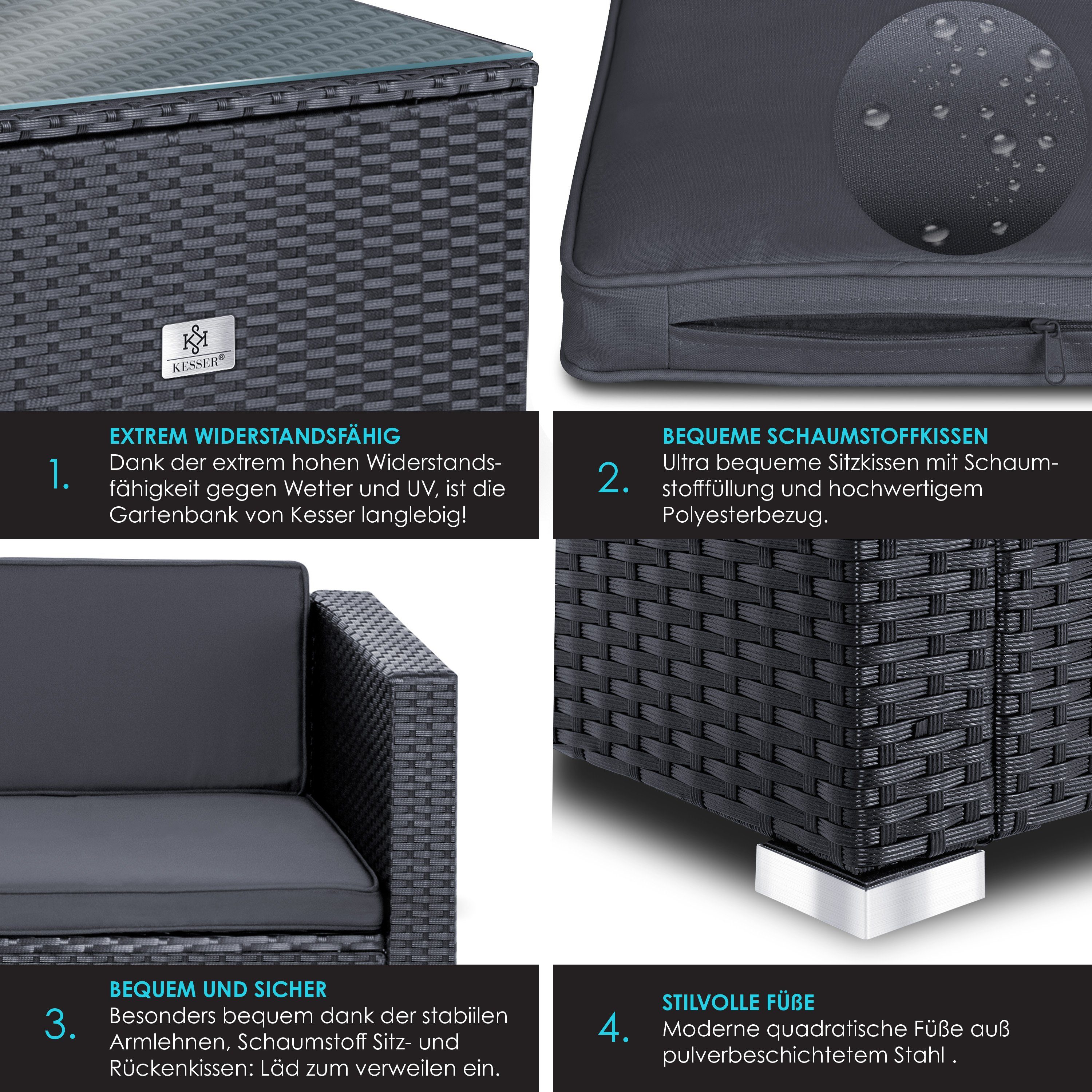 KESSER Gartenlounge-Set, KESSER® Polyrattan Lounge - 3er - für Garten, Terrasse und Balkon