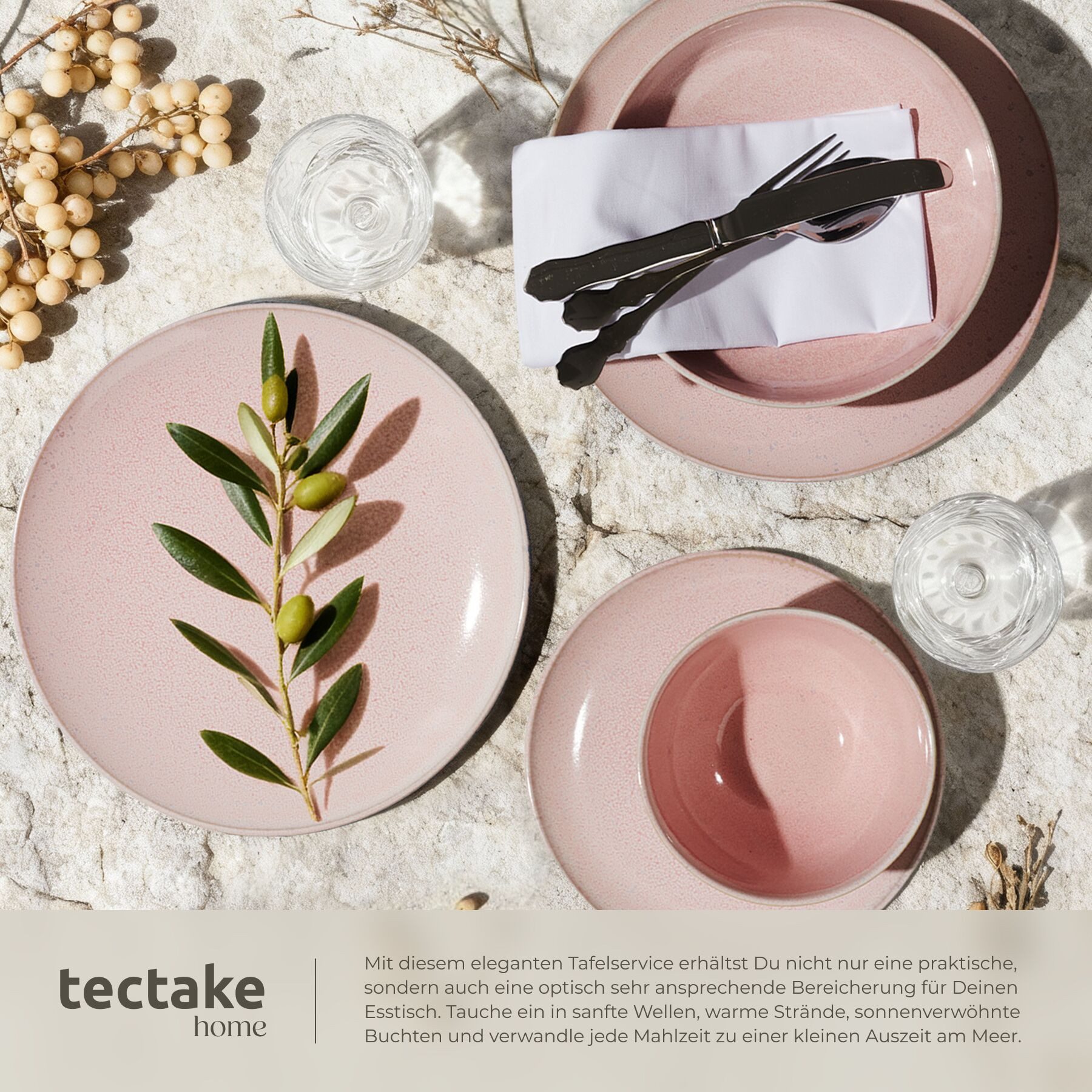 tectake Geschirr-Set Tafelservice aus Steingut für 6 Personen, ineinander stapelbar (24-tlg), 6 Personen, Steingut, handgefertigt, mit Glasur, spülmaschinen- un – Bild 5 von 5