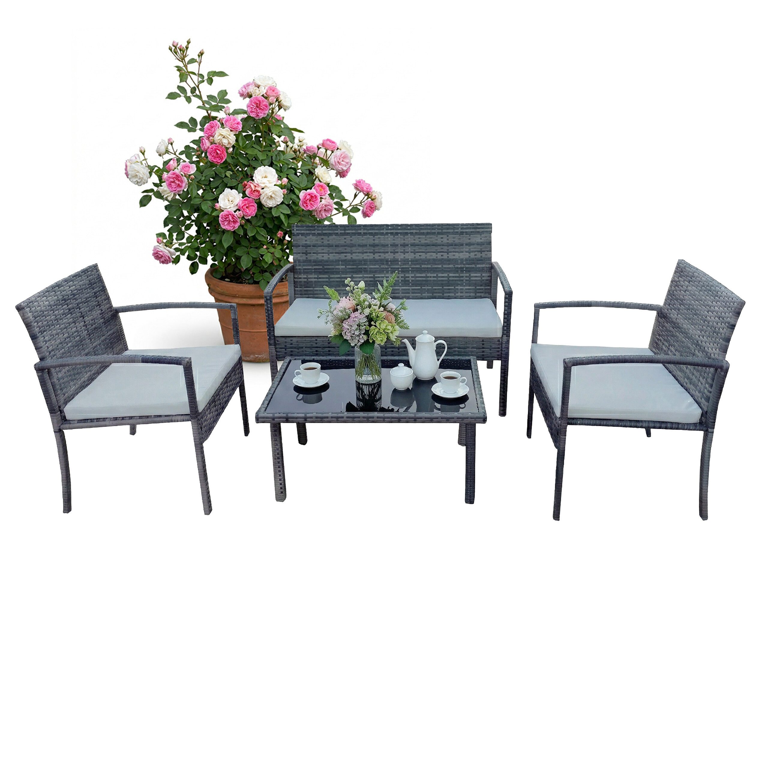 relaxdays Gartenlounge-Set 4-teiliges Gartenmöbel Set Rattan, (4-tlg), grau