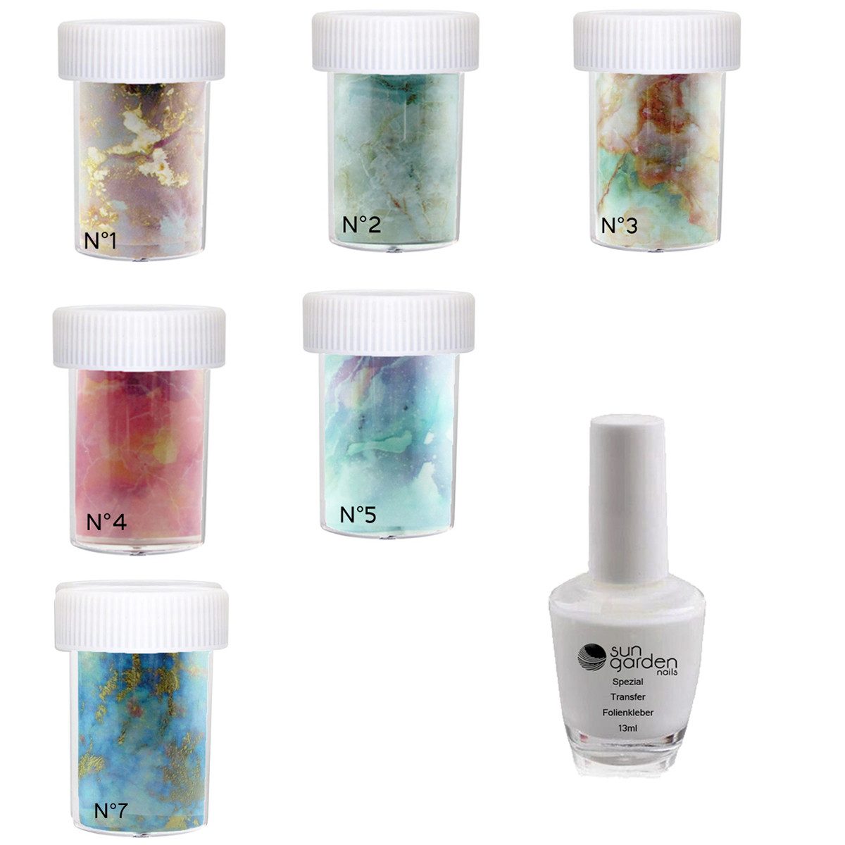 Sun Garden Nails Nageldesign Zubehör 6 x Nagelfolie + Folienkleber MARBLE SET 7 - Nail Art Folie, Spar-Set, Setartikel