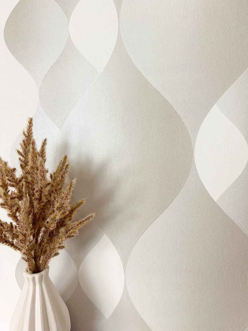 Newroom Vliestapete, Beige Tapete Modern Grafik - Mustertapete Retro Hellgrau Weiß Grafisch 3D Optik Wellen Muster für Wohnzimmer Schlafzimmer Küche