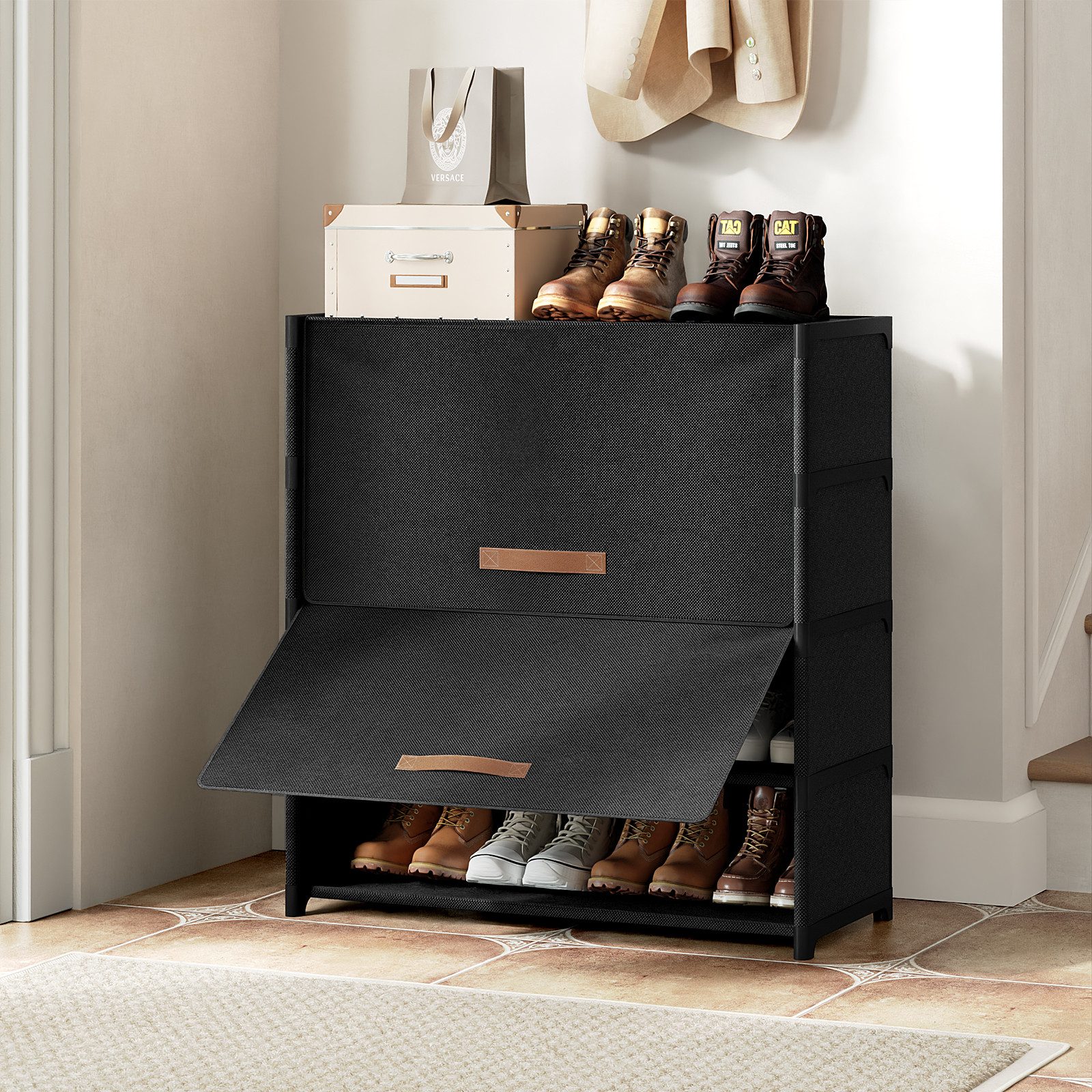 FABATO Schuhschrank Kunststoff-Schuhorganizer, Schuhschrank mit Tür in Schwarz (1-St) 5-stufiger Schuhschrank mit Tür – Platz für 20 Paar Schuhe