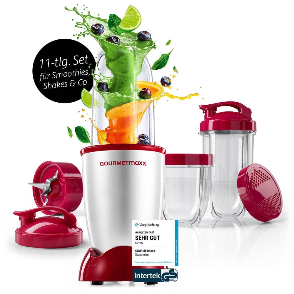 GOURMETmaxx Настольные миксеры Mixer Mr. Magic 10-tlg. 400W silber/rot, 400 W, inkl. Zubehör-Set L rot Speisen Smoothies Getränke 3 Mixbecher To-Go