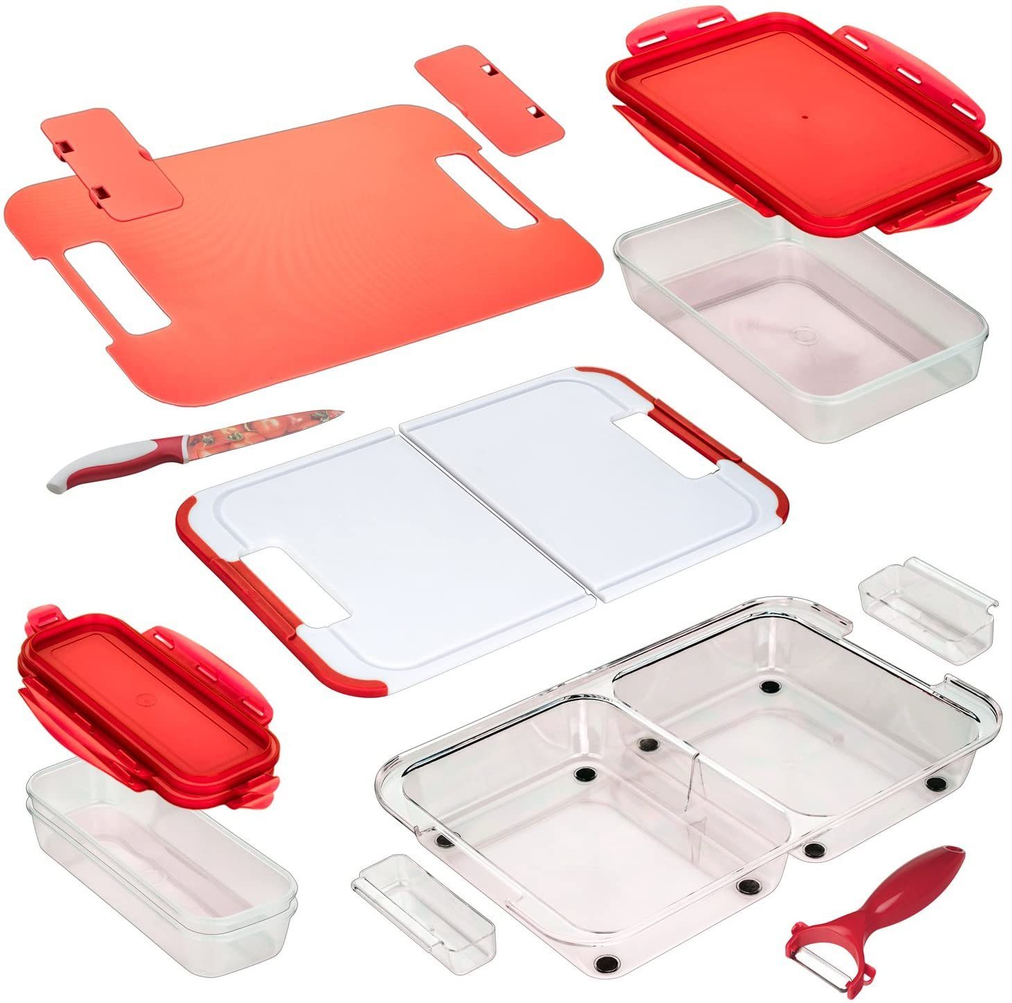 Genius Schneidebrett Genius 26282 Slice N Store ROT Set 14-tlg. Schneid und, (12-teiliges Schneide- und Aufbewahrungs-Set)