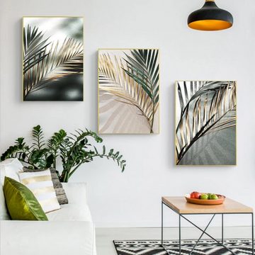 TPFLiving Kunstdruck (OHNE RAHMEN) Poster - Leinwand - Wandbild, Goldene Blätter - Wanddeko Wohnzimmer - (15 verschiedene Größen zur Auswahl - Auch im günstigen 3-er Set), Farben: Beige, Grau, Grün, Gold - Größe: 21x30cm