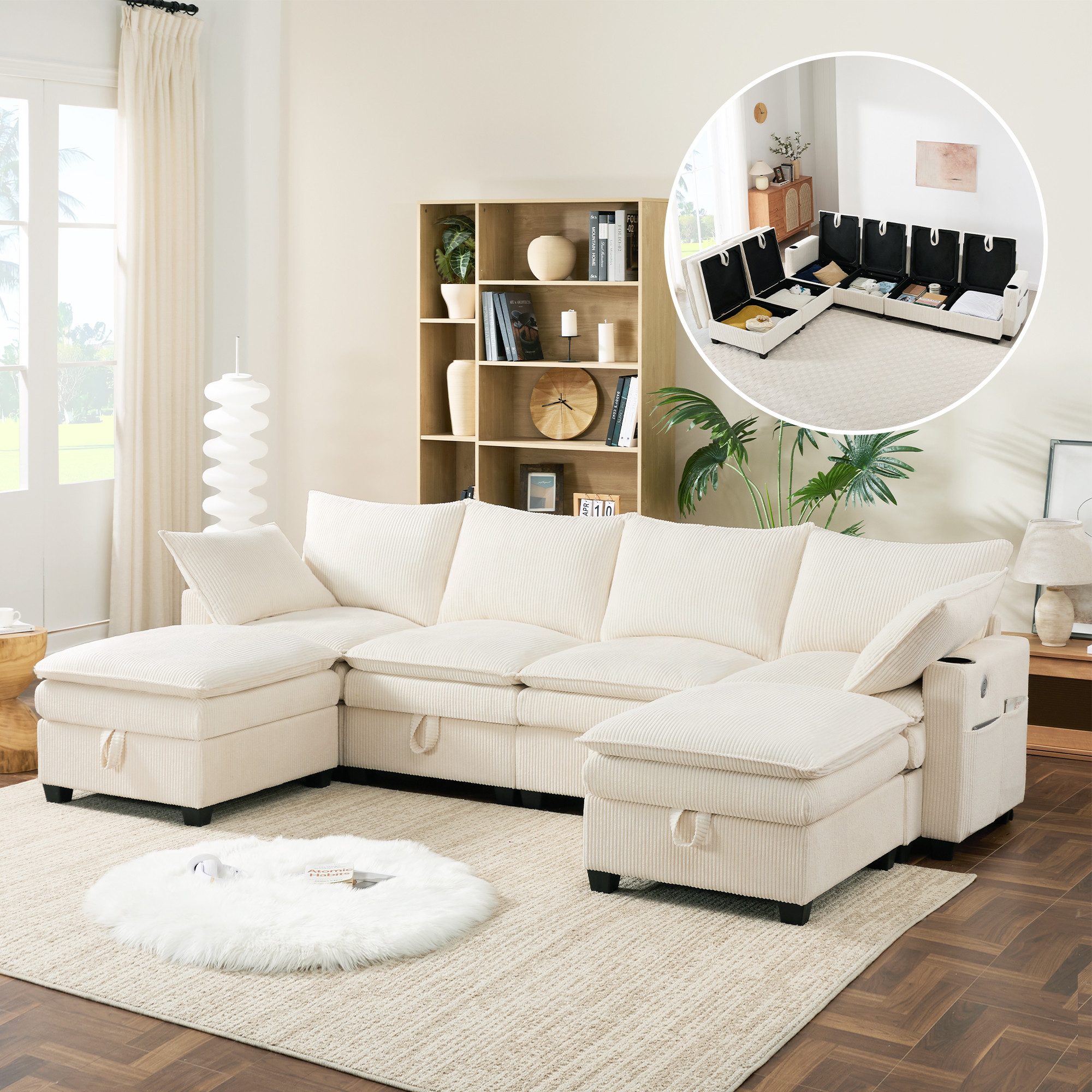 i@home Ecksofa 6-Sitzer-Sofa, L-förmiges Sofa, mit Abnehmbarem Hocker, USB-Anschlüssen und Getränkehaltern, grau/weiß