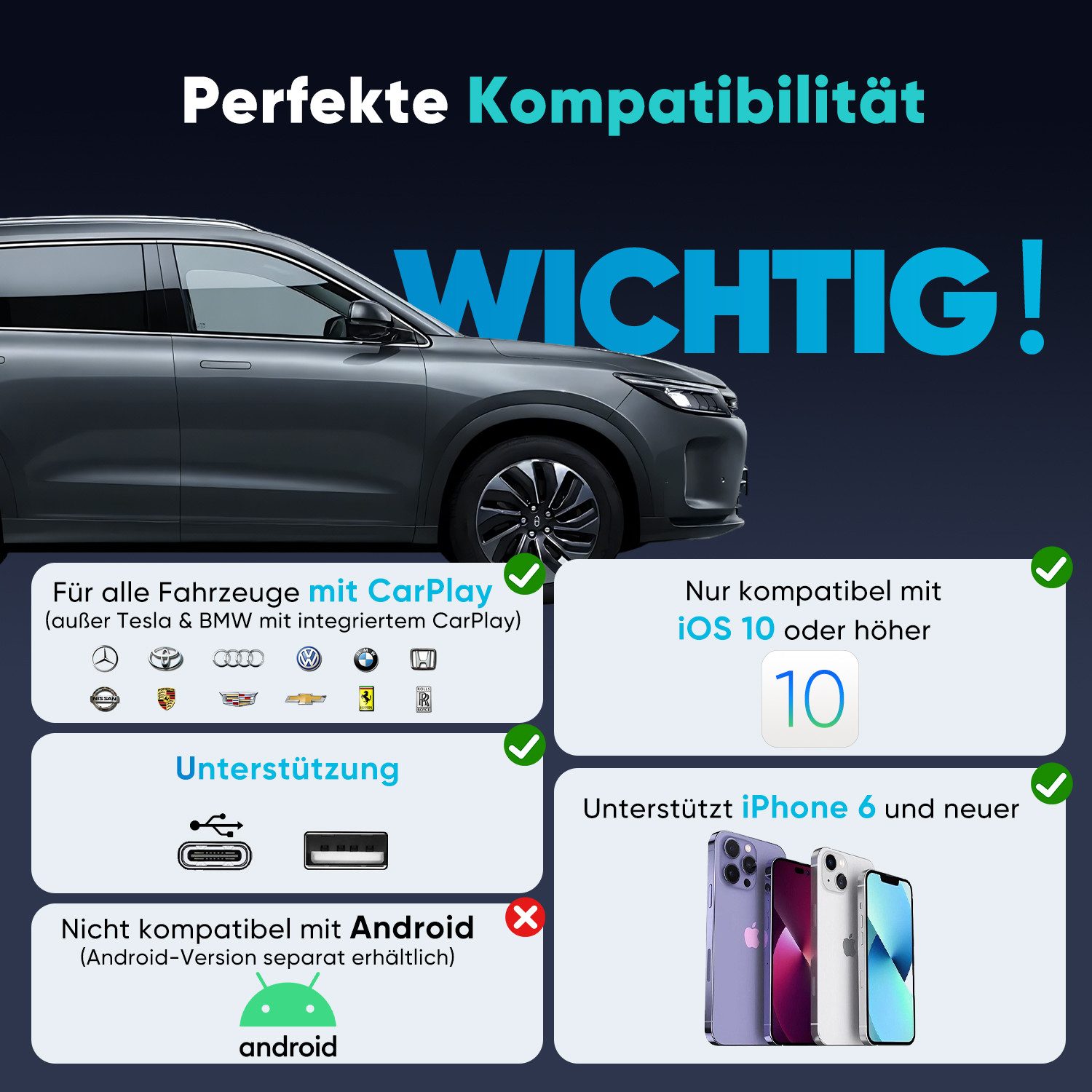 Salcar Kabelloser CarPlay Adapter Wireless CarPlay USB Auto-Adapter für Auto Adapter zu USB Typ A, Kompatibel mit iOS 10+ & Fahrzeugen mit werkseitigem CarPlay