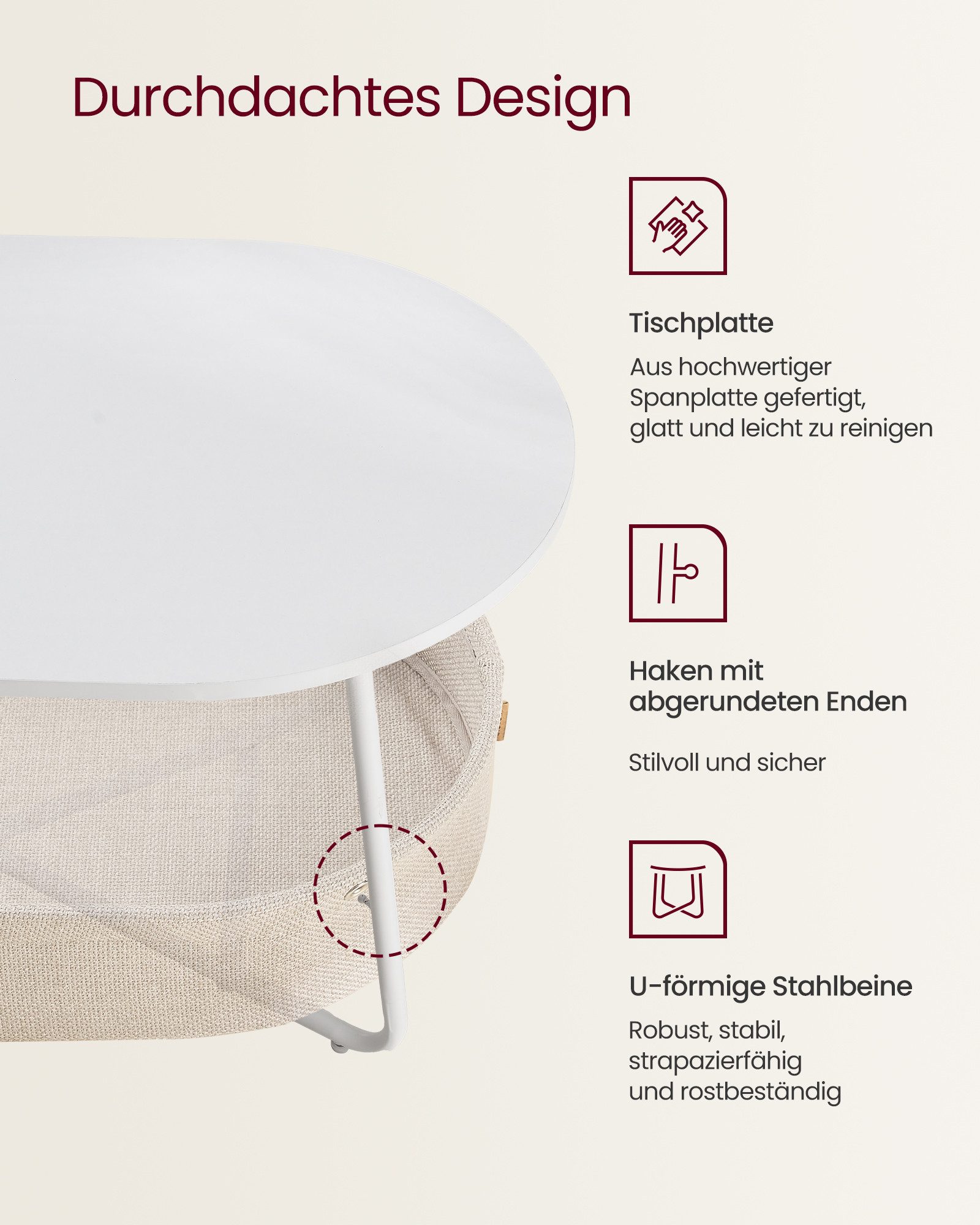 VASAGLE Couchtisch oval, Wohnzimmertisch, modern, mit Stoffkorb, skandinavisches Design (inkl. Zubehörpaket & Anleitung), Beistelltisch, stabil, für Wohnzimmer, 55 x 100 x 45,7 cm