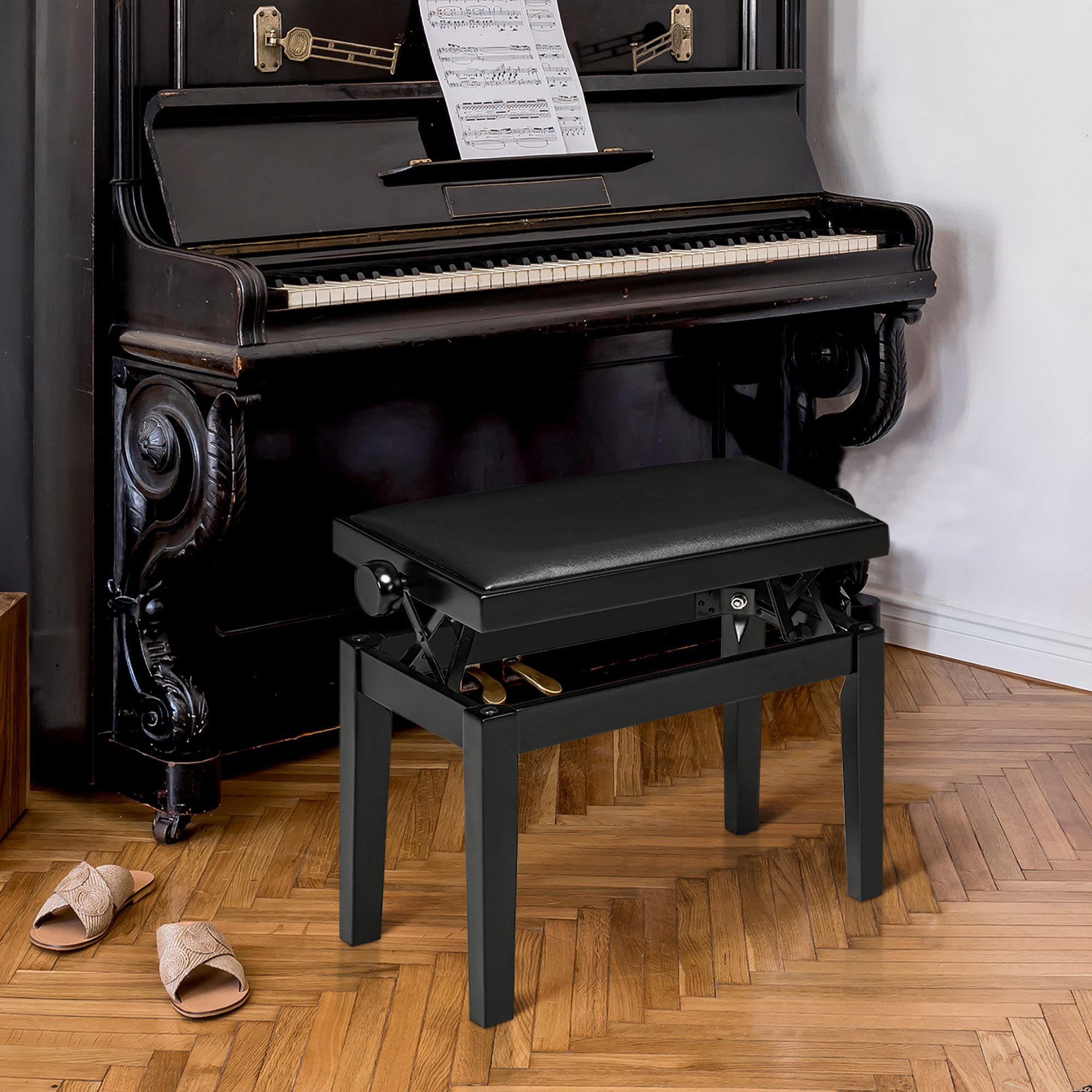 HOMCOM Klavierbank Klavierhocker höhenverstellbar mit Lederkissen (Pianobank, 1-St., Kunstleder Gummiholz), Schwarz 63 x 33 x 45-56 cm