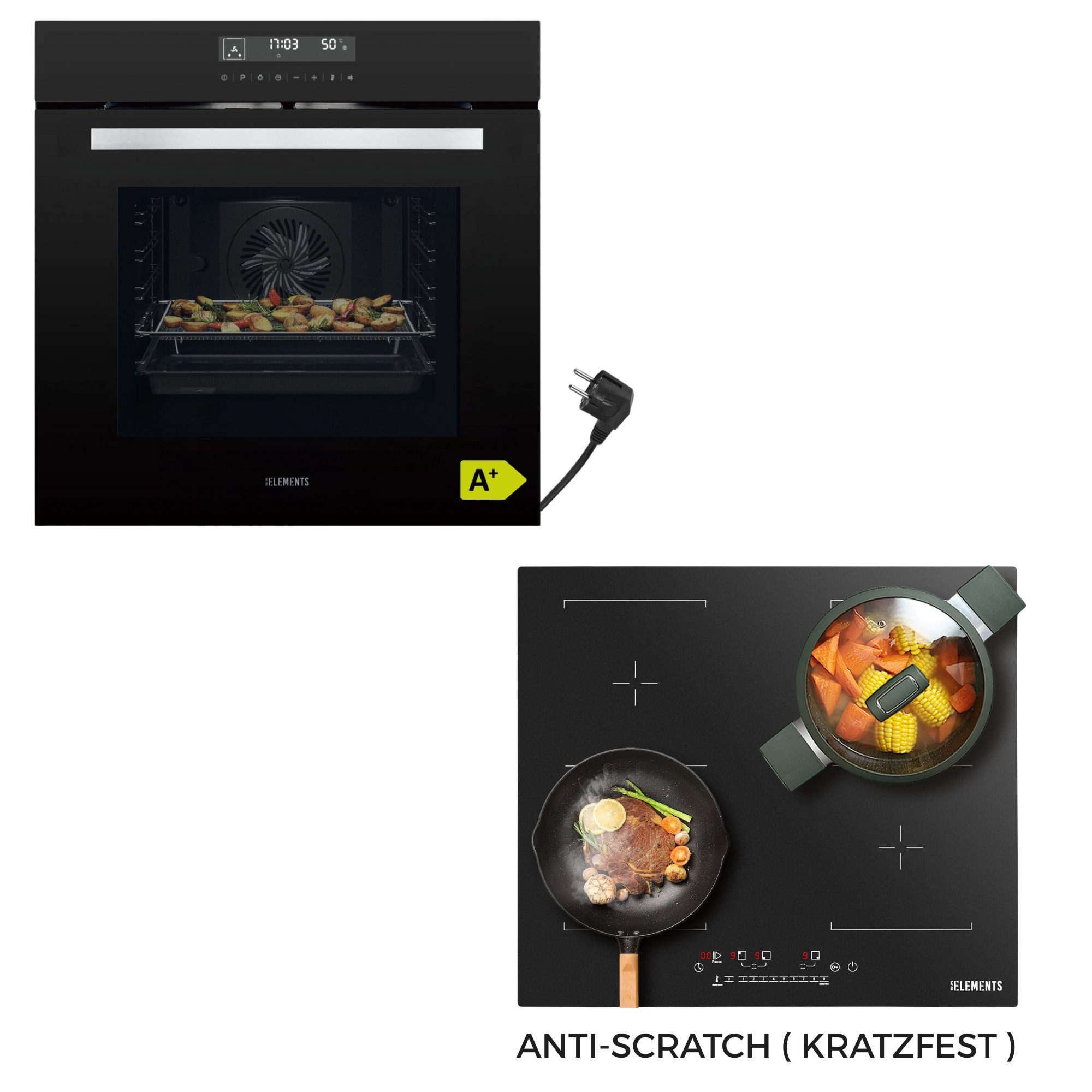 KB Elements Induktions Herd-Set Kratzfestes Induktion 60 cm mit Einbaubackofen 60 cm, mit 2-fach-Teleskopauszug, Einbaubackofen Full Touch, Kratzfestes Induktionskochfeld