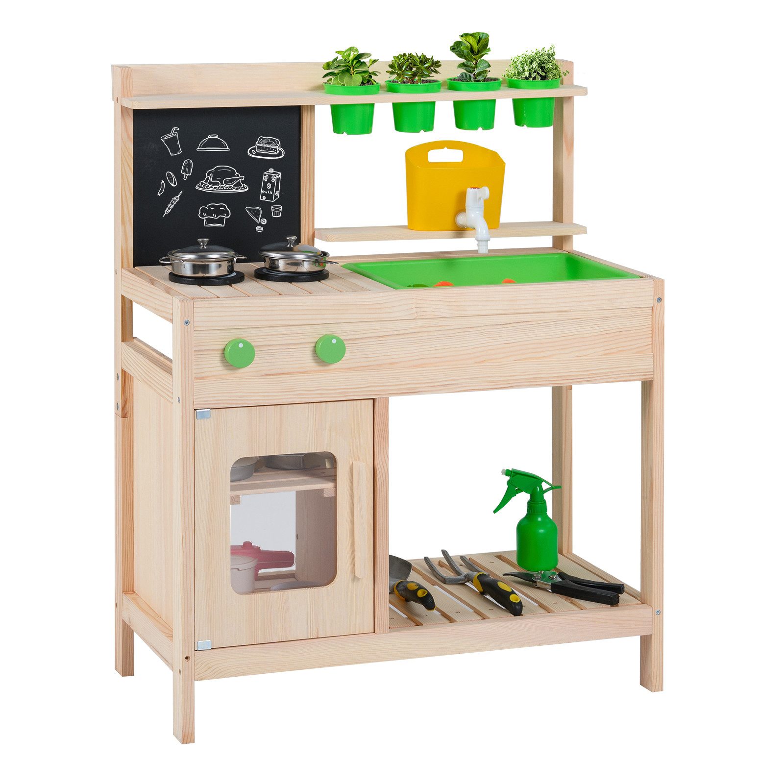 COSTWAY Outdoor-Spielküche Holz, Mit Kreidetafel, Herd, Blumentöpfen & Kochutensilien