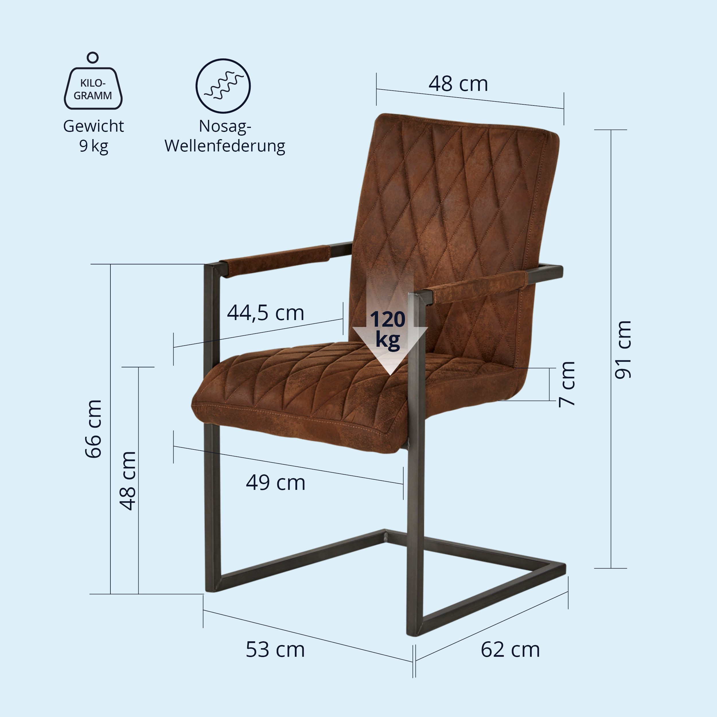 KHG Freischwinger Esszimmerstuhl Mikrofaser Braun, bis 110 kg belastbar, Vintage Stil, gepolstert, Nosag-Wellenfederung, Metallgestell Schwarz, mit Armlehnen